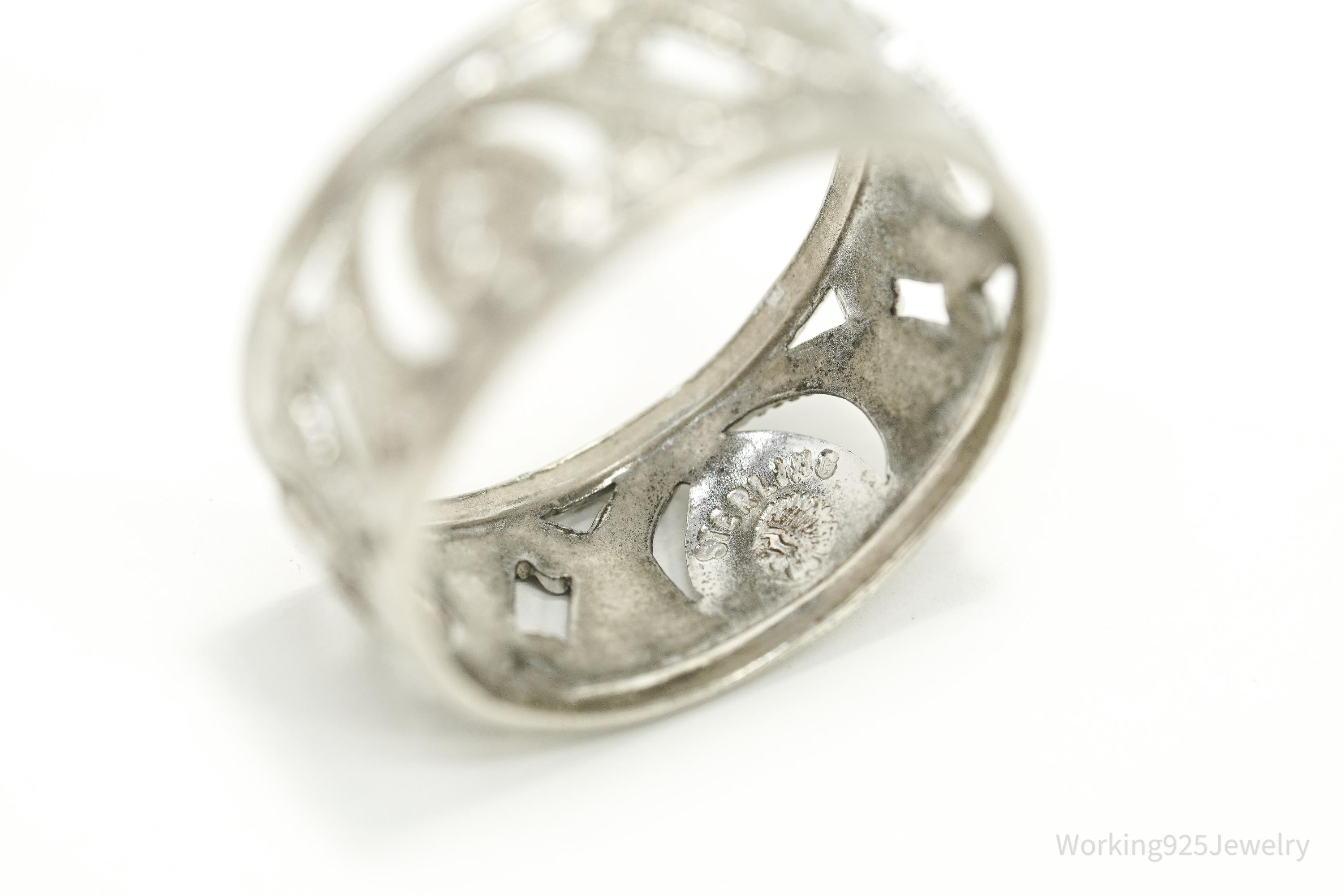 Antique Floral Hearts Patter Sterling Silver Band Ring - Size 5.25