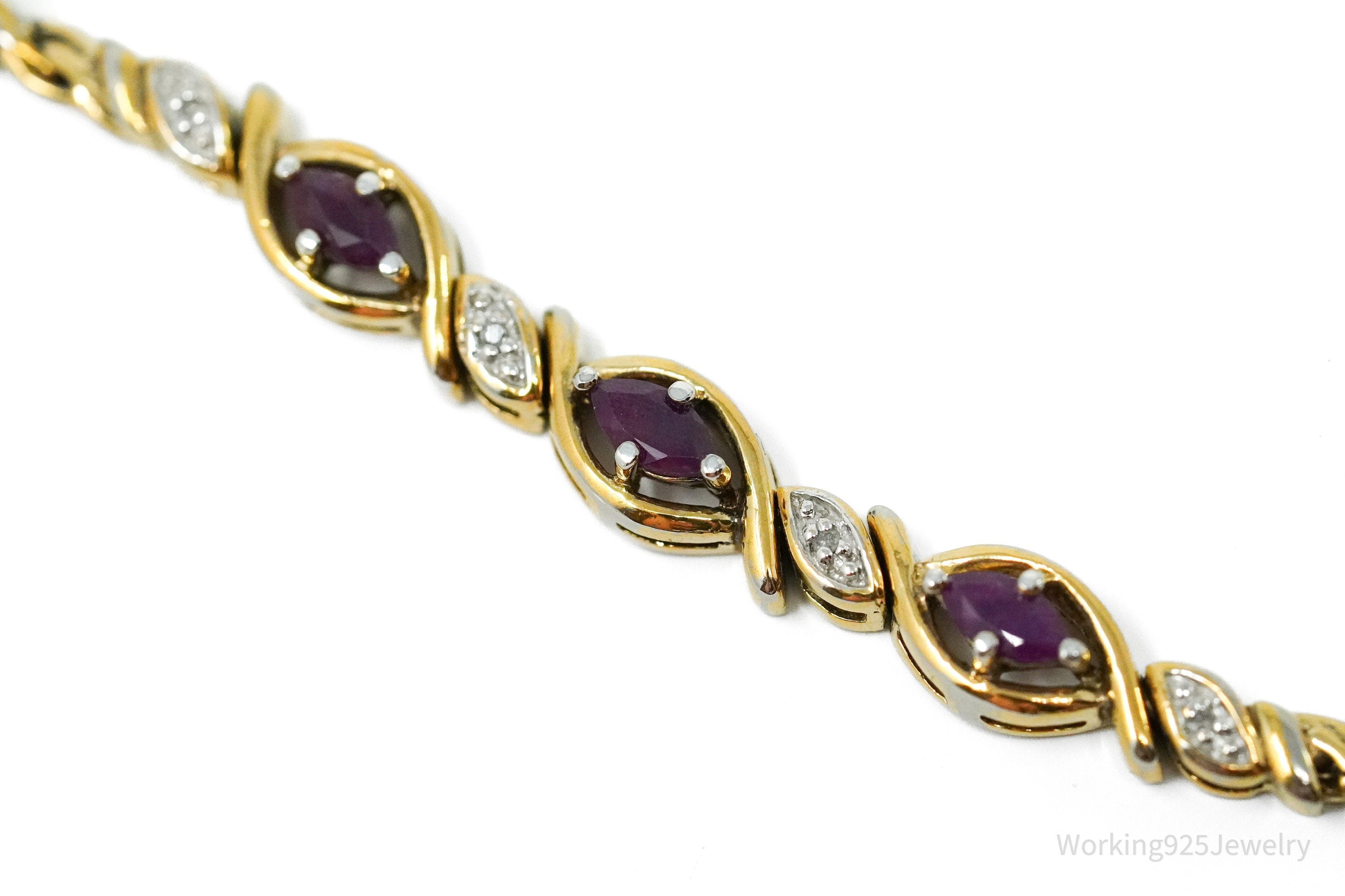 Vintage PAJ Diamond & Ruby Gold Over Sterling Silver Bracelet 7.25"