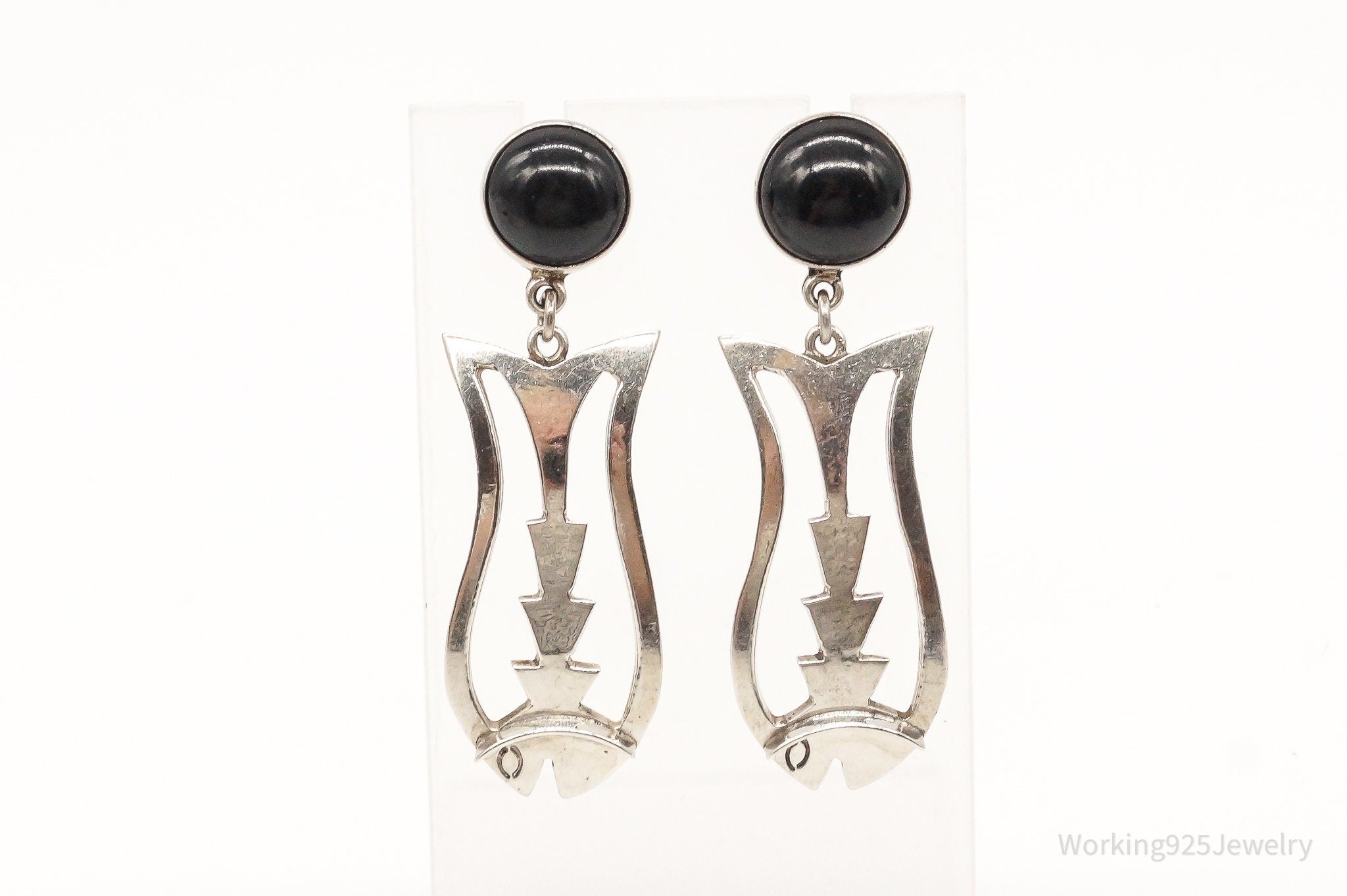 Vintage Mexico Modernist Black Onyx Fish Sterling Silver Earrings