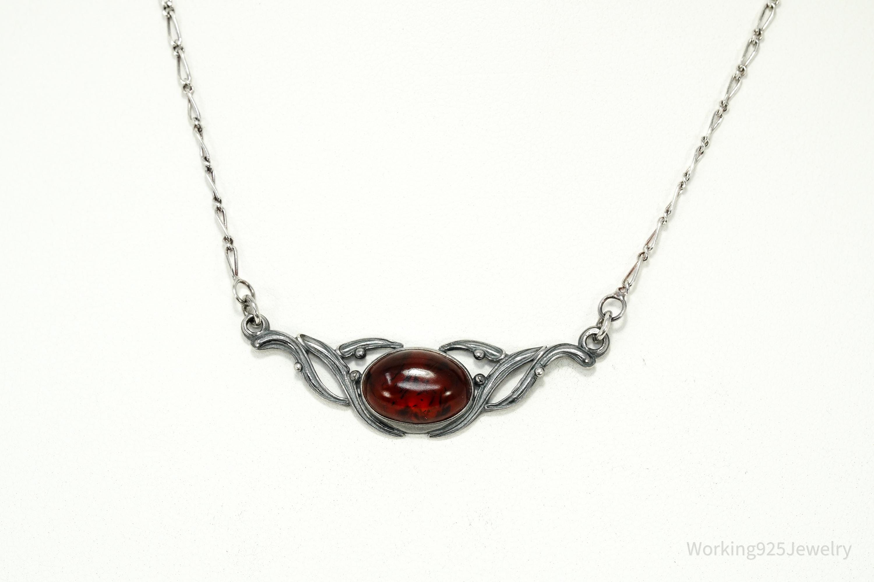 Vintage Amber Sterling Silver Necklace 16"