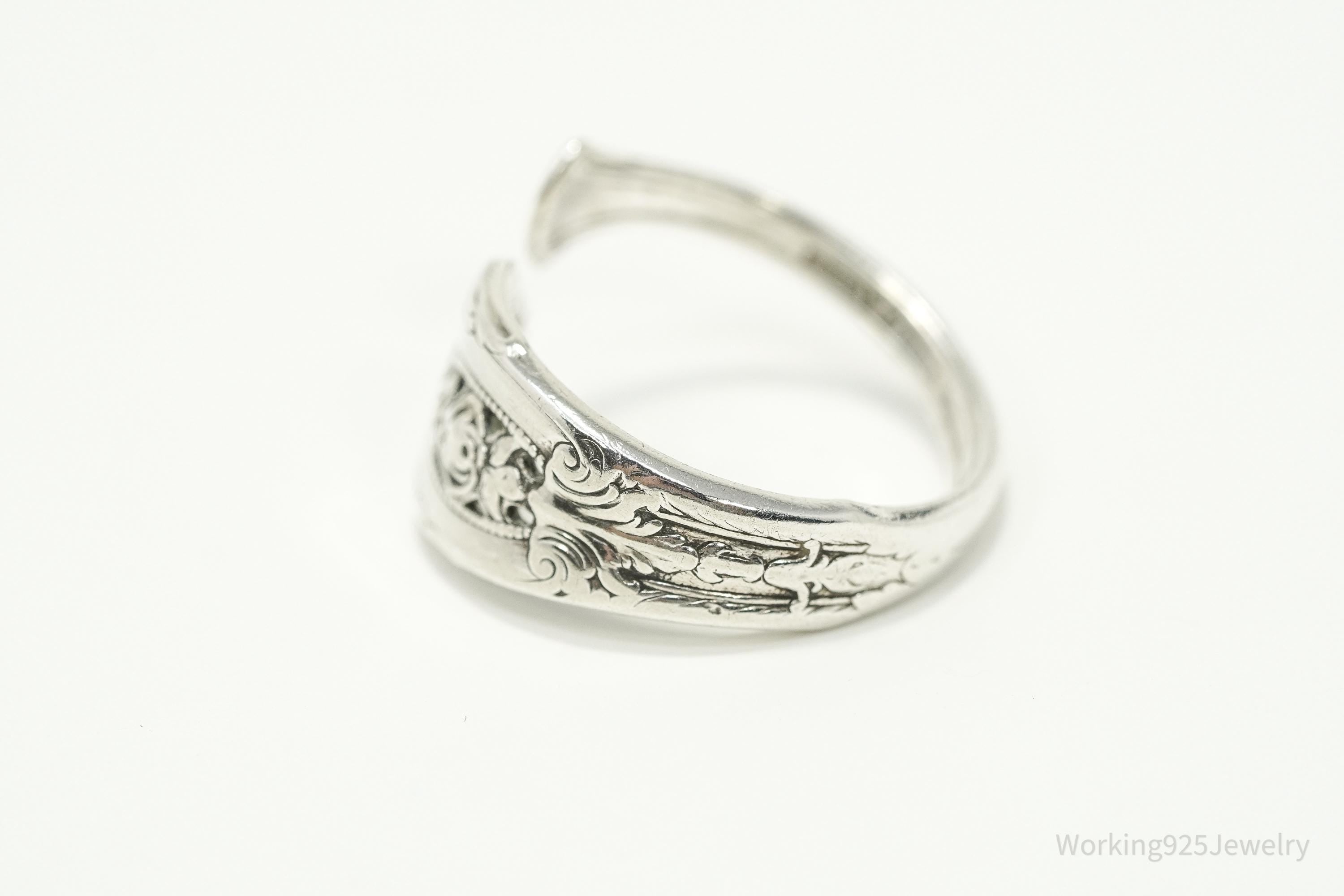 Antique WALLACE Floral Sterling Silver Spoon Ring - Size 9.5