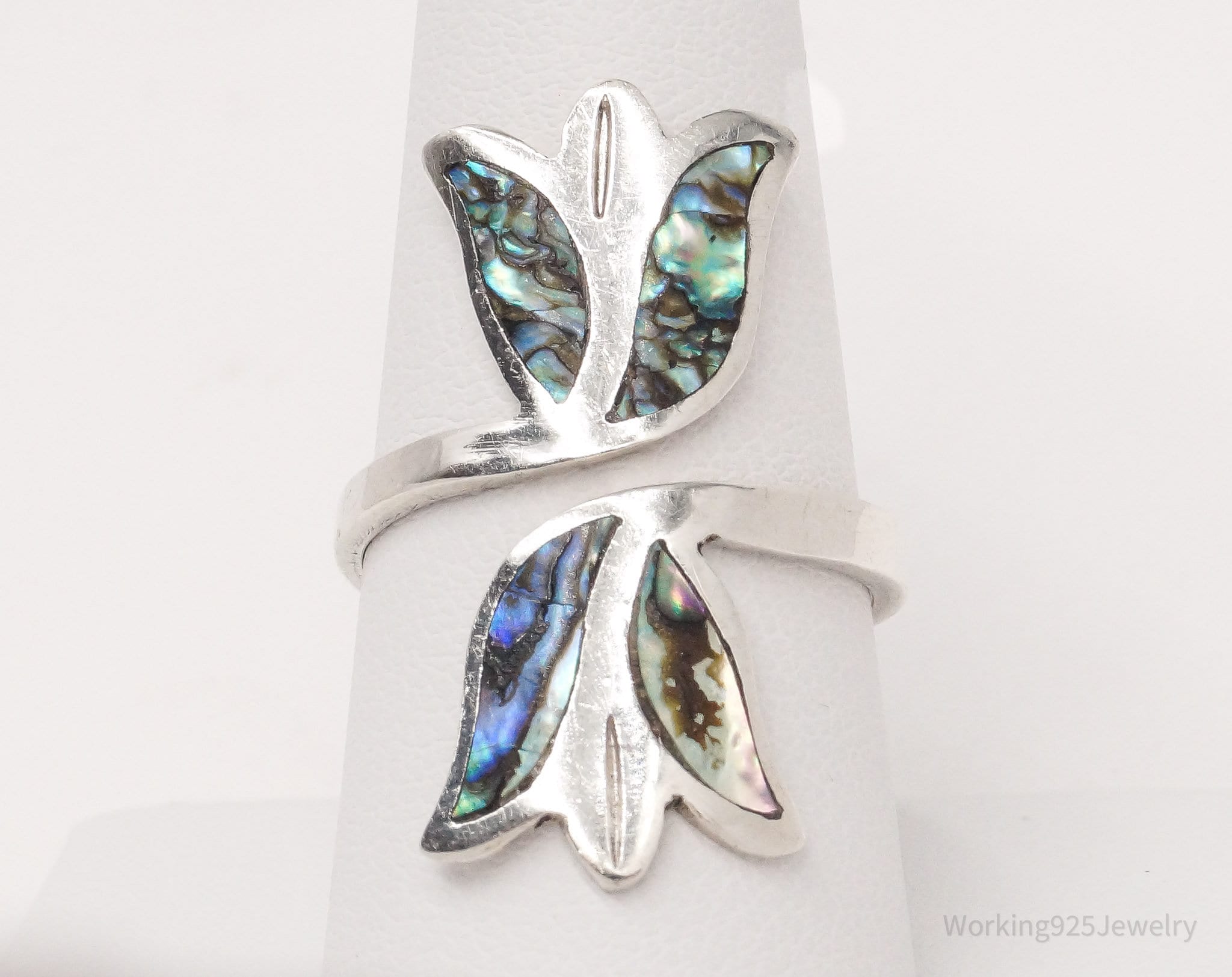 Vintage Mexico Paua Abalone Shell Inlay Tulips Sterling Silver Ring - Size 8.75