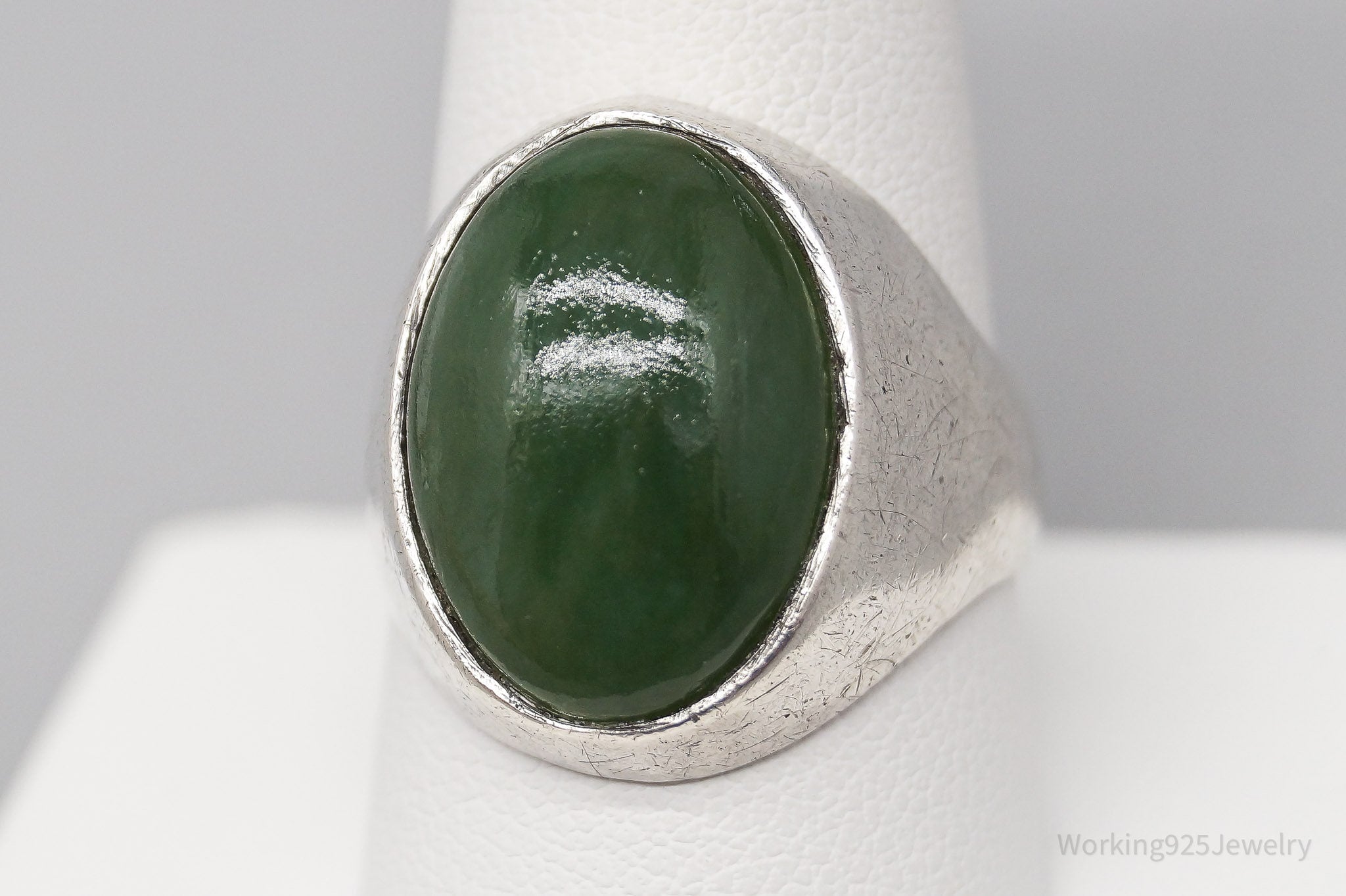 Antique Nephrite Jade Sterling Silver Ring - Size 10