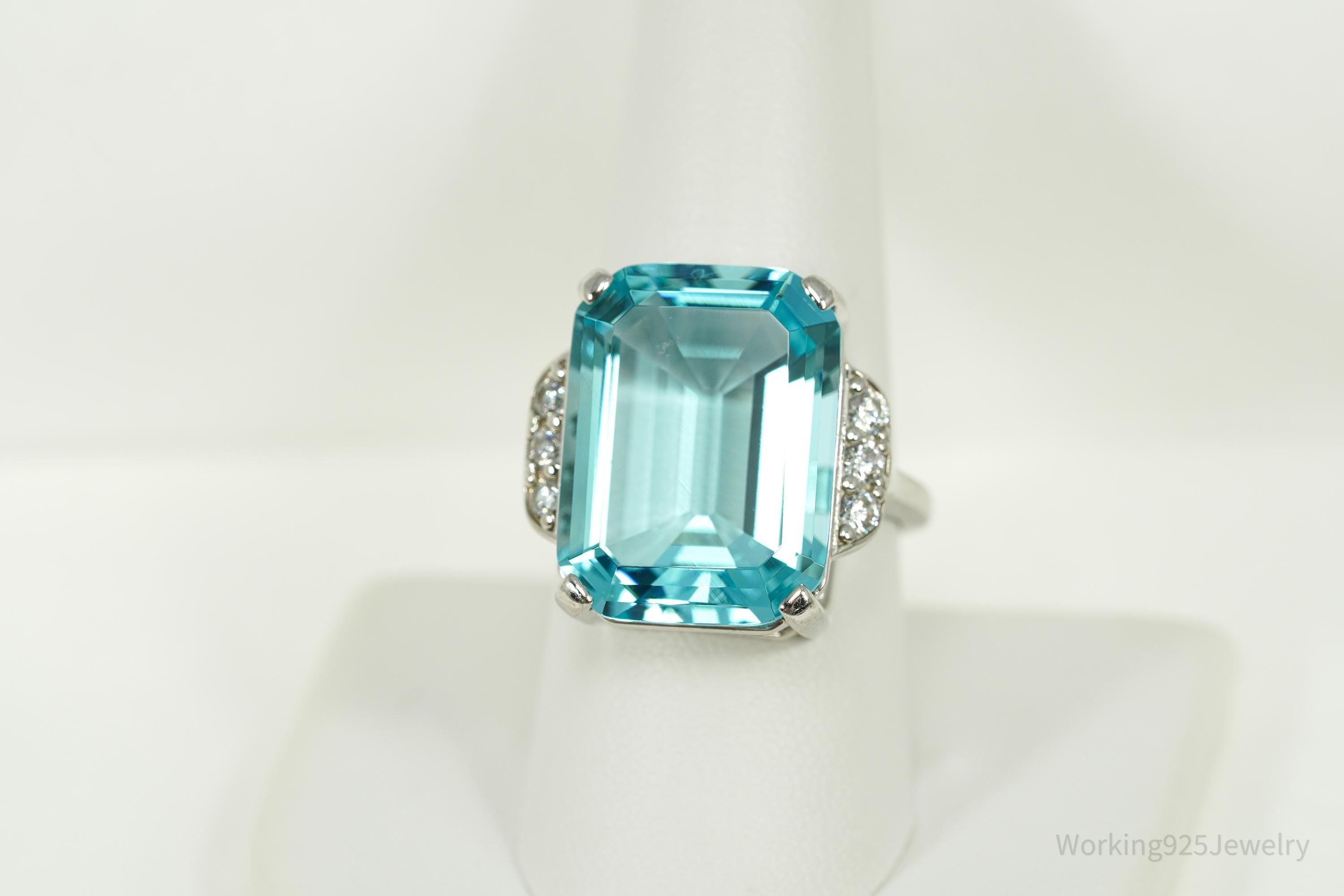 Vintage Large Blue Topaz & Cubic Zirconia Sterling Silver Ring - Size 9