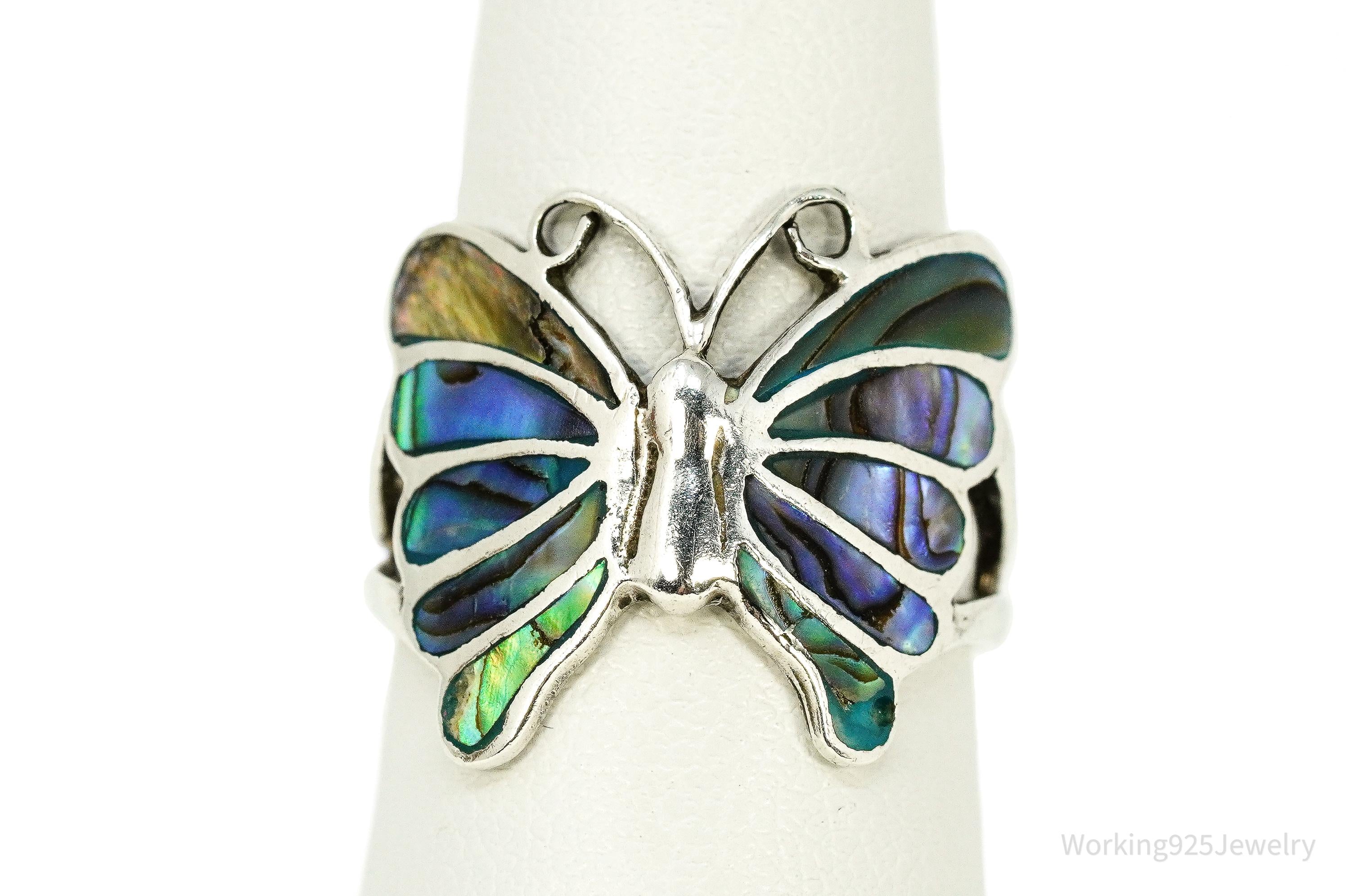 Vintage Abalone Paua Shell Inlay Sterling Silver Butterfly Ring - Size 7