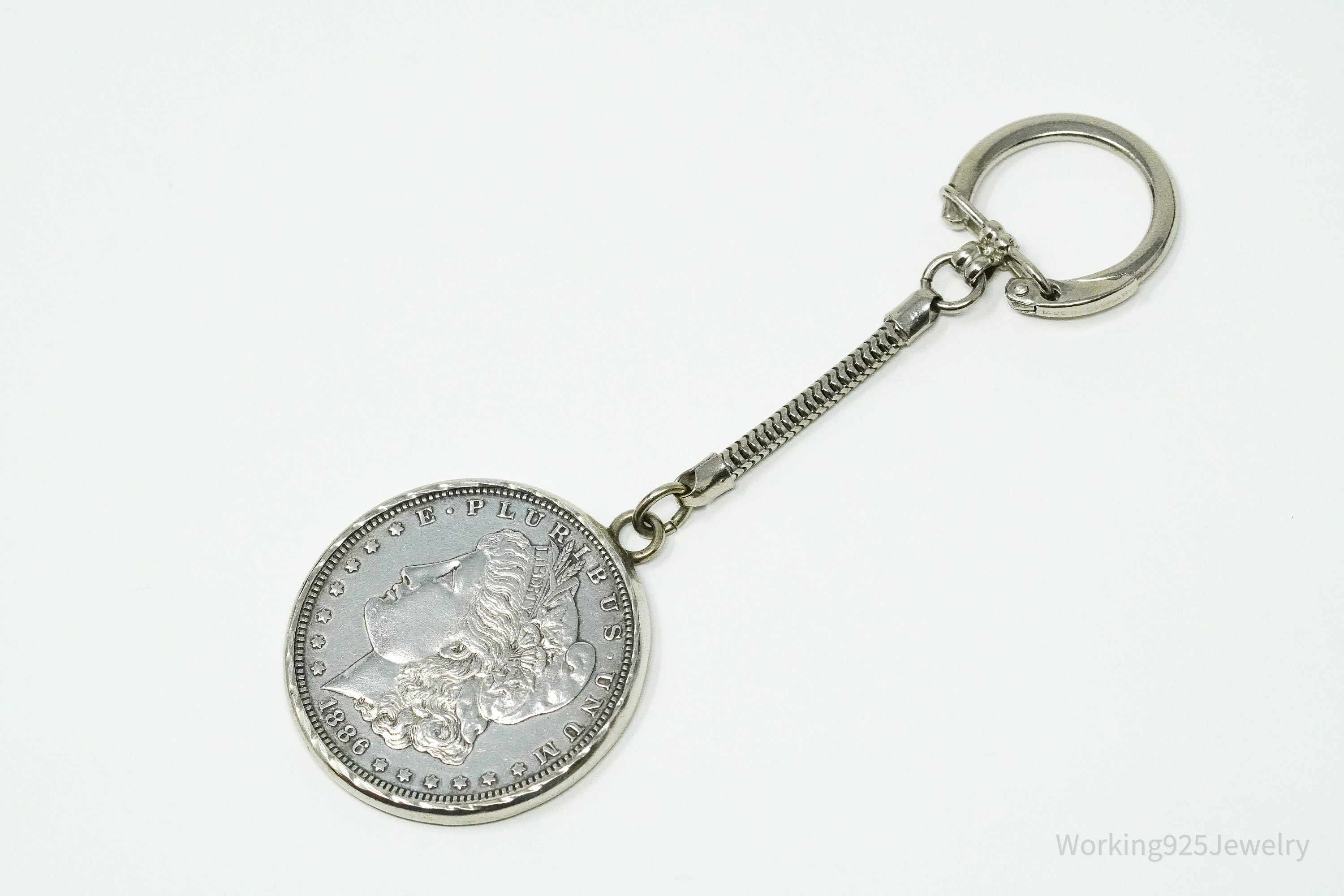 Antique 1886 Morgan Silver Dollar Coin Sterling Silver Keychain