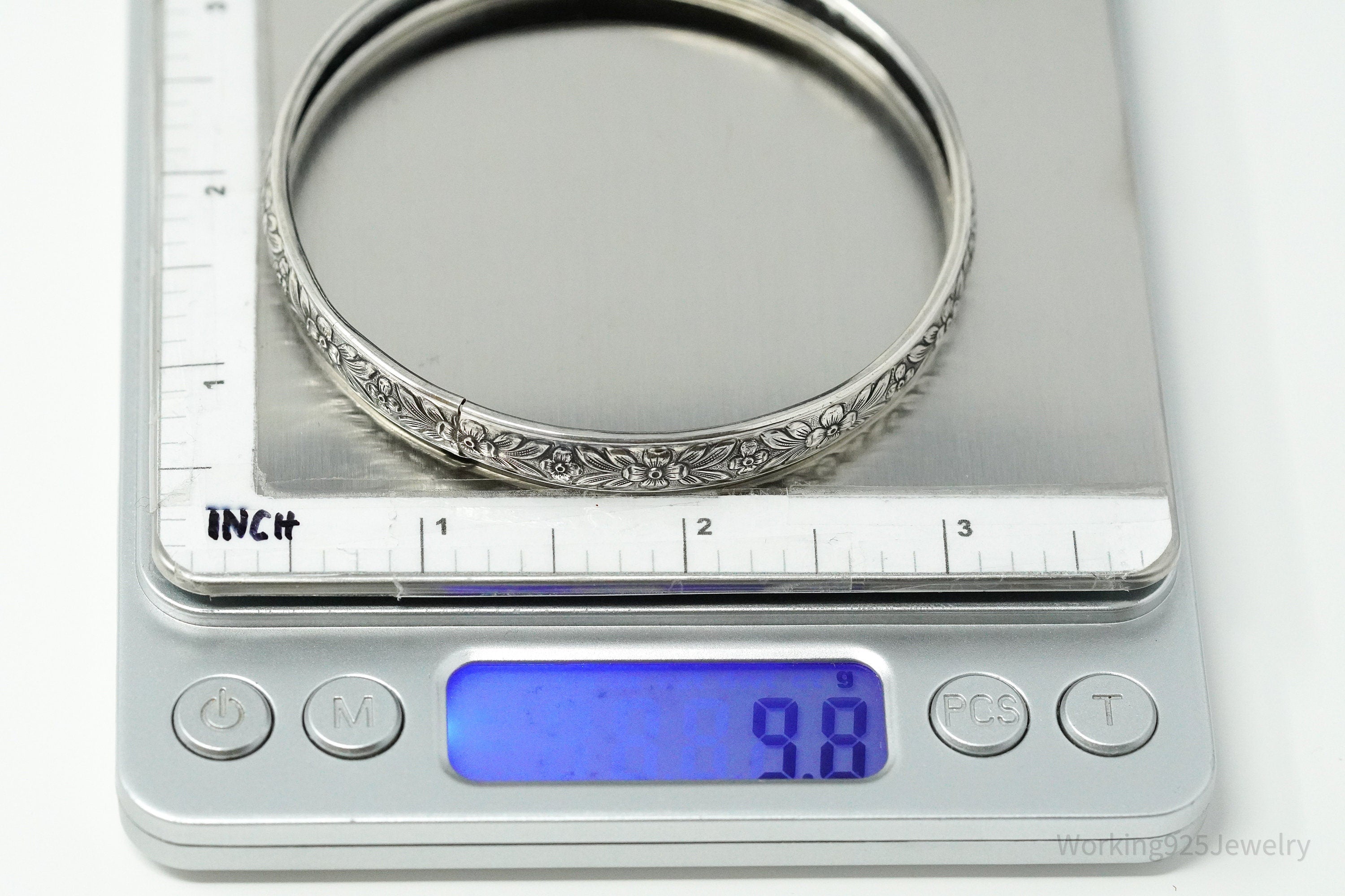 Antique Designer Lang Sterling Silver Floral Bangle Bracelet 8"