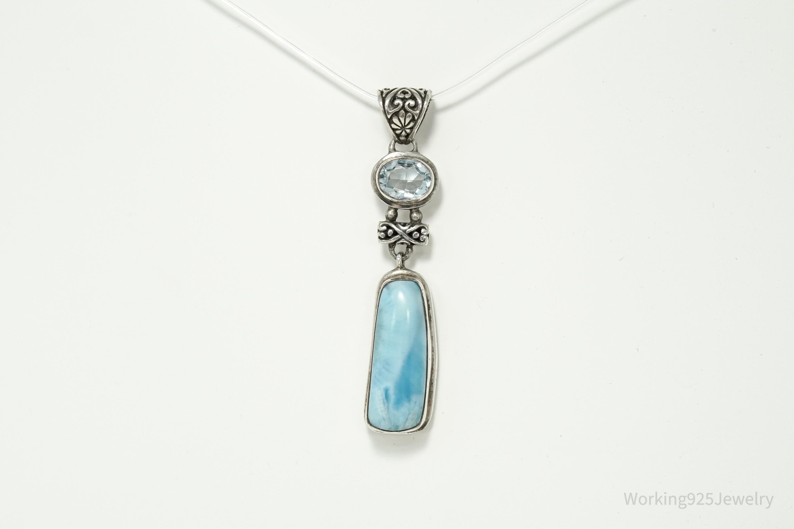 Vintage Large Blue Larimar & Blue Topaz Sterling Silver Pendant 2 3/8"