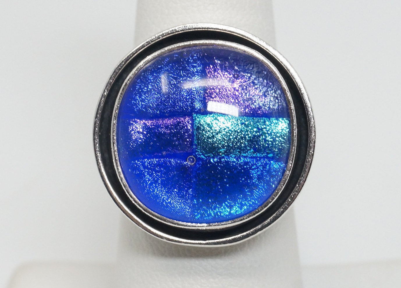 Vintage Mexico CII Blue Purple Dichroic Glass Galaxy Sterling Silver Ring - Sz 7