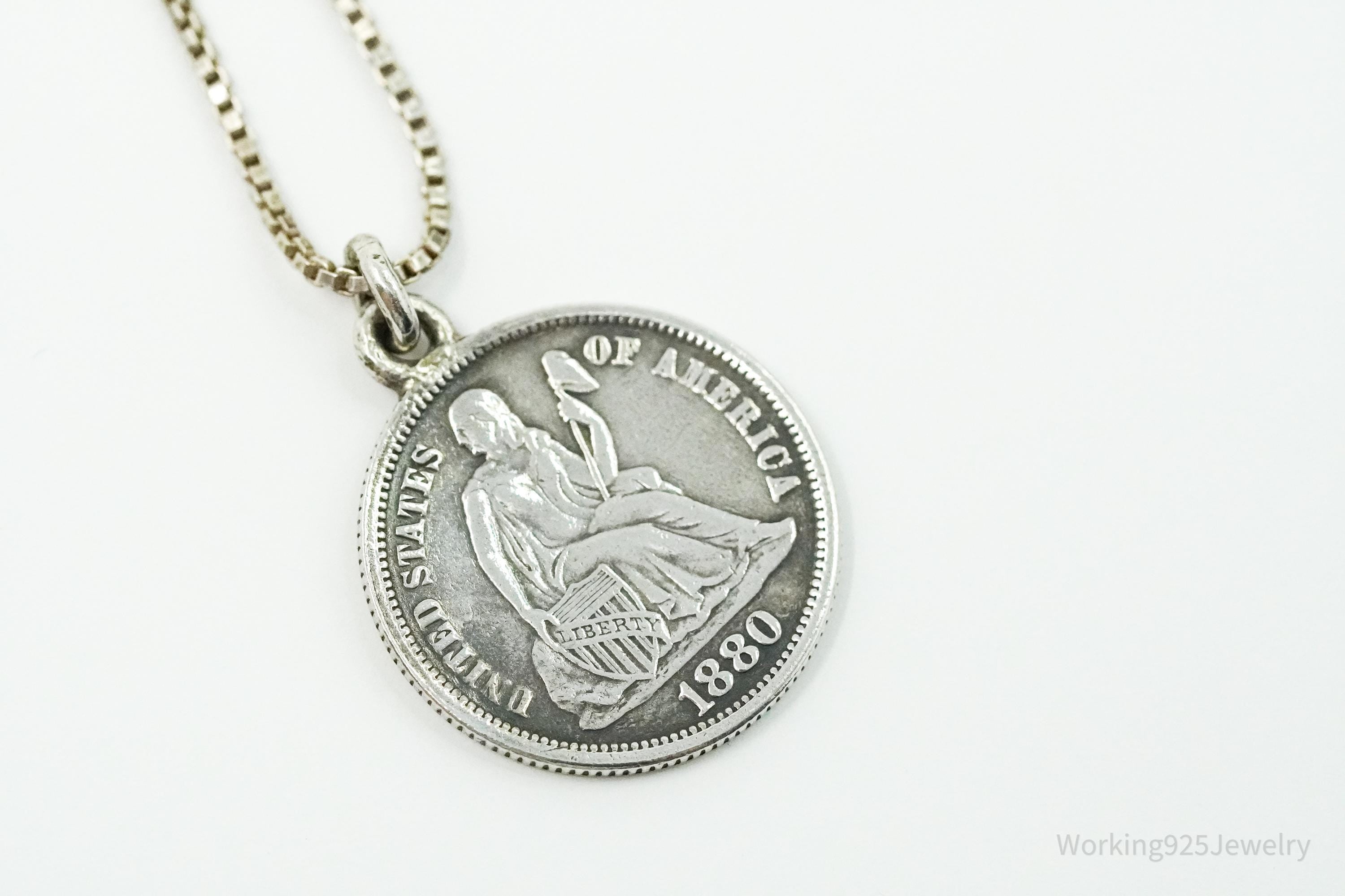 Antique Vintage 1880 Seated Liberty Dime Coin Sterling Silver Chain Necklace - 16"