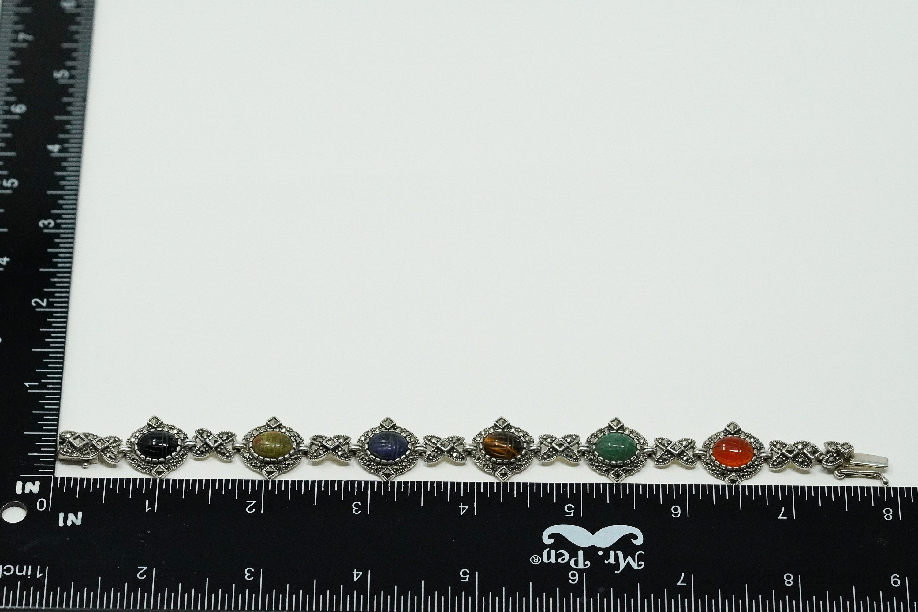 Vintage Carved Scarab Multiple Gemstone Sterling Silver Bracelet 7.5"
