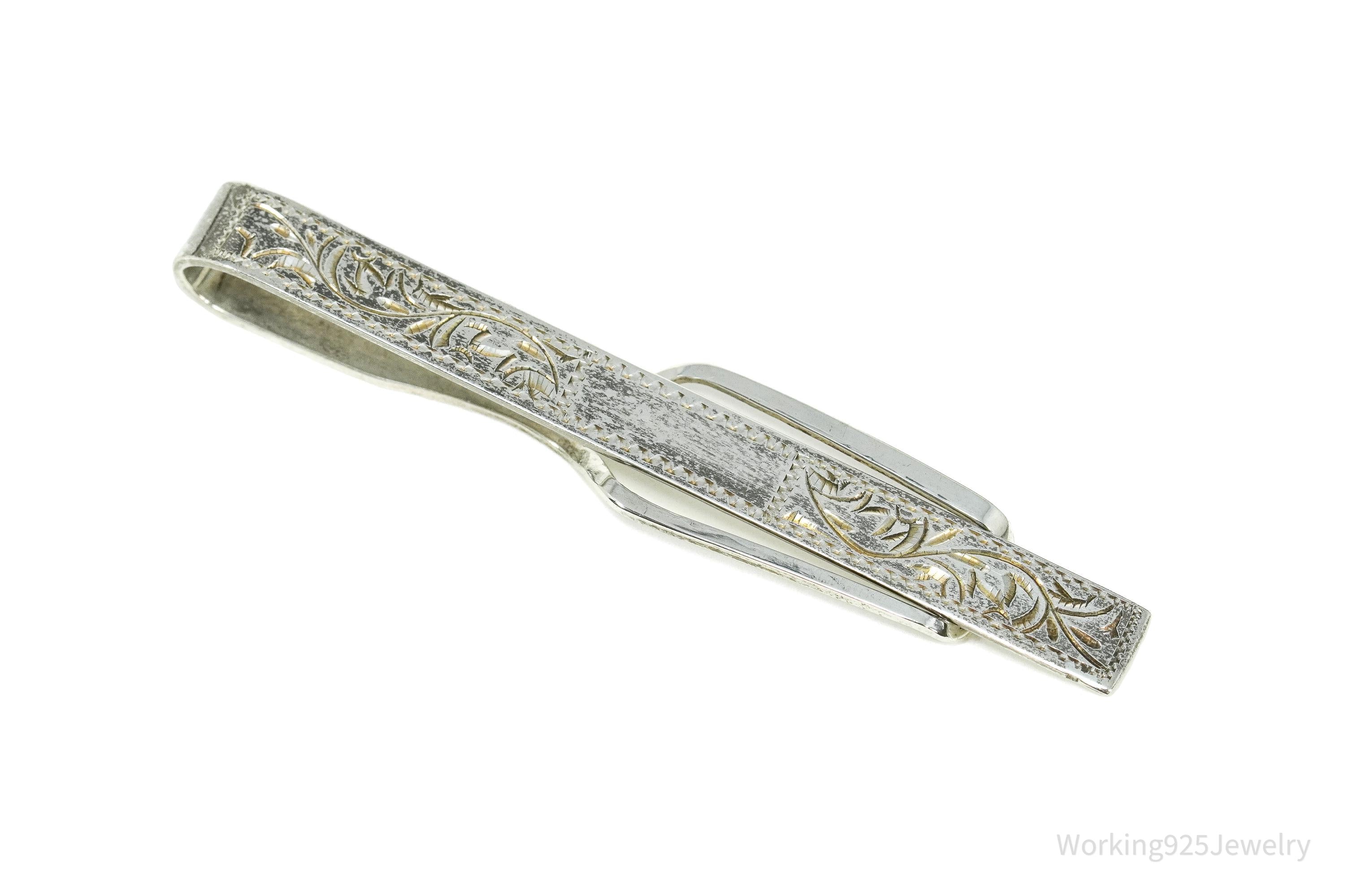 Vintage Floral Etched 950 Sterling Silver Money Clip Tie Clip