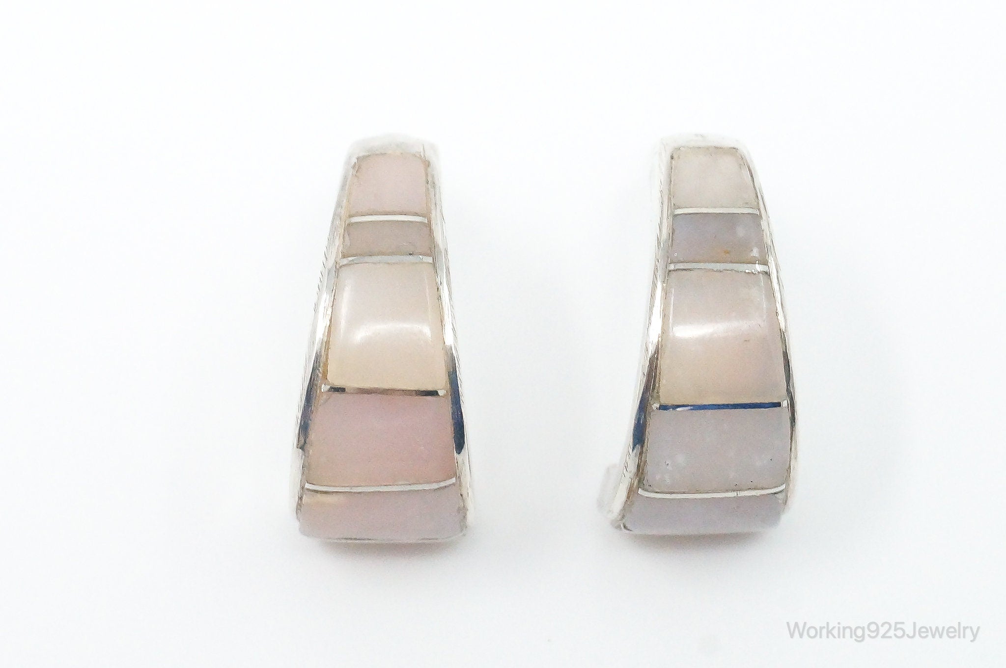 Vintage Native American Unsigned Rose Quartz Sterling Silver Hoop Earrings