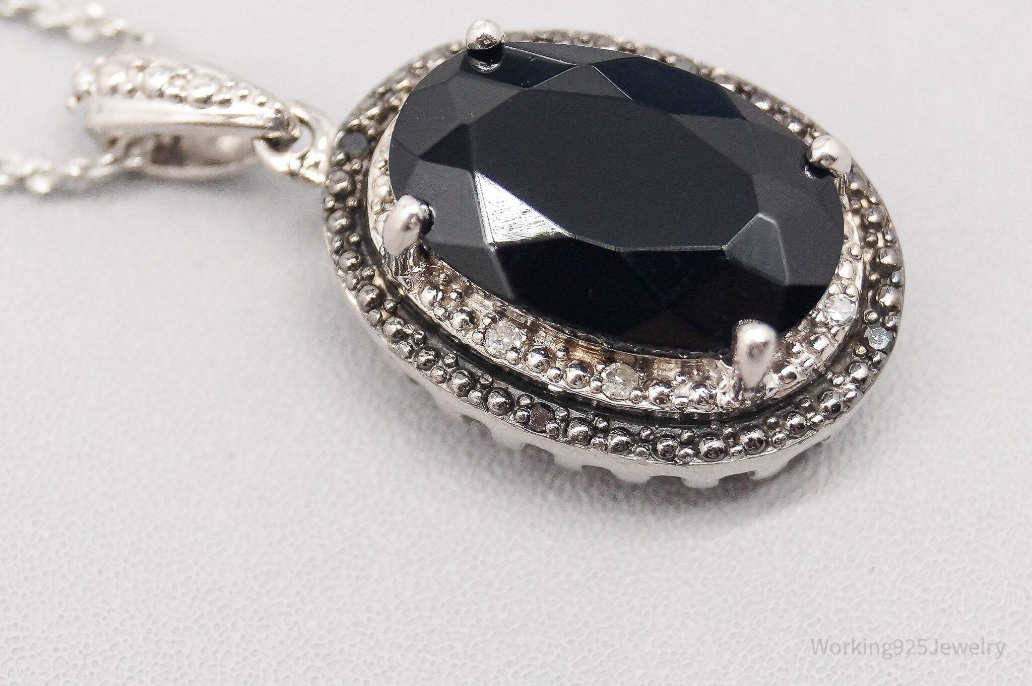 Vintage Black Tourmaline Black & White Diamond Sterling Silver Necklace 18"