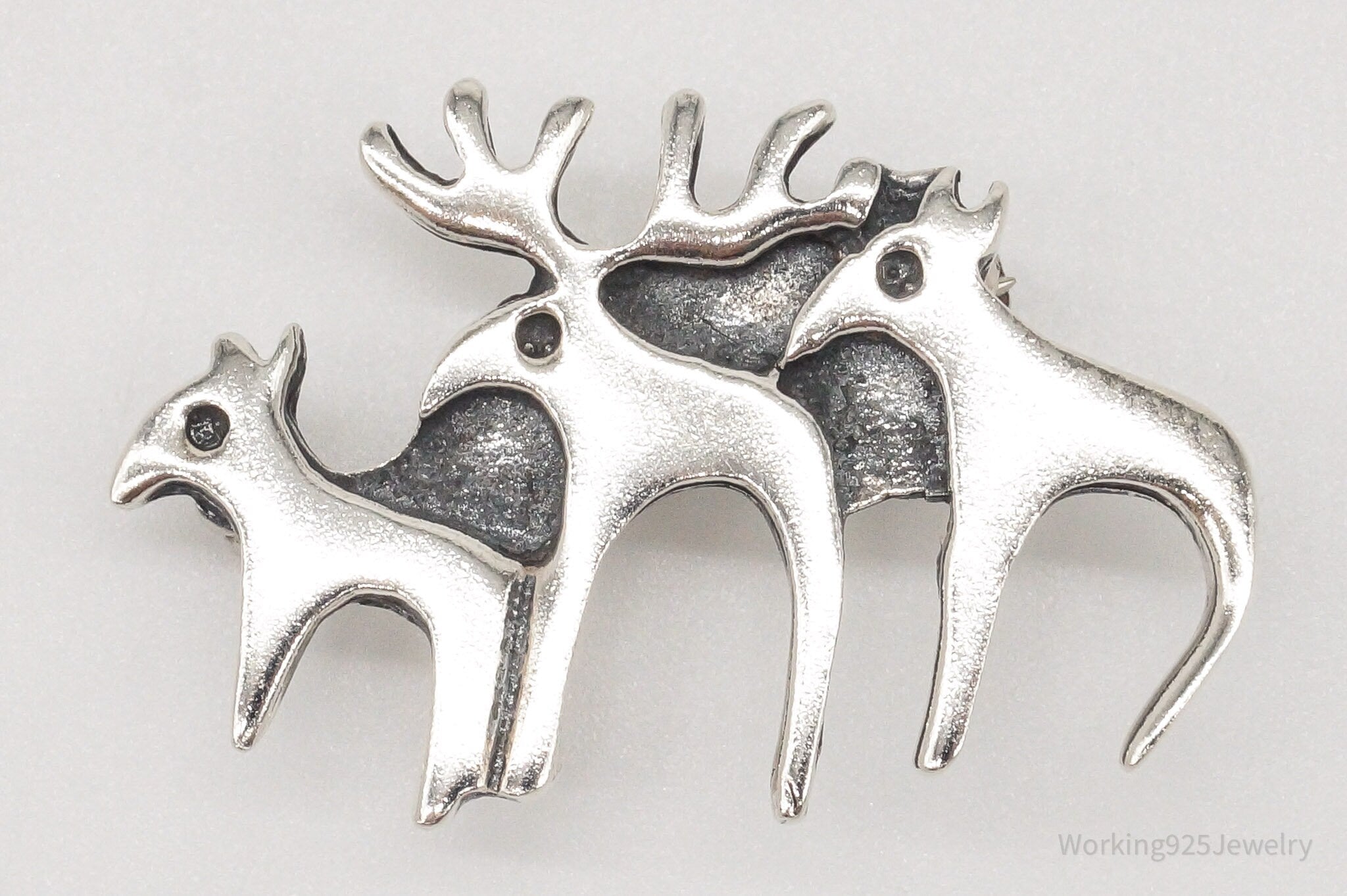 Vintage Moose Family Sterling Silver Brooch Pin