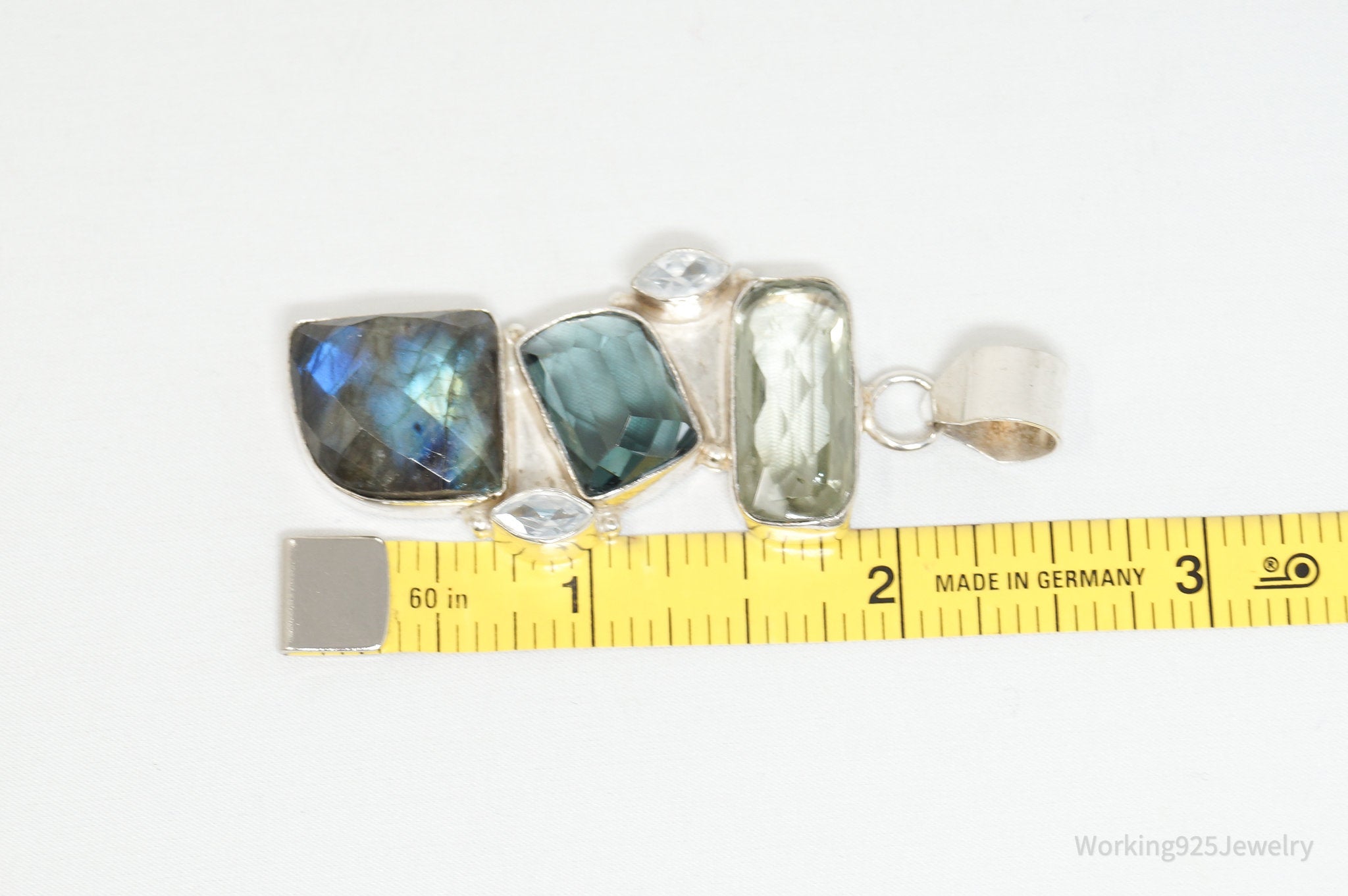 Vintage Large Labradorite Topaz Crystal Sterling Silver Necklace Pendant