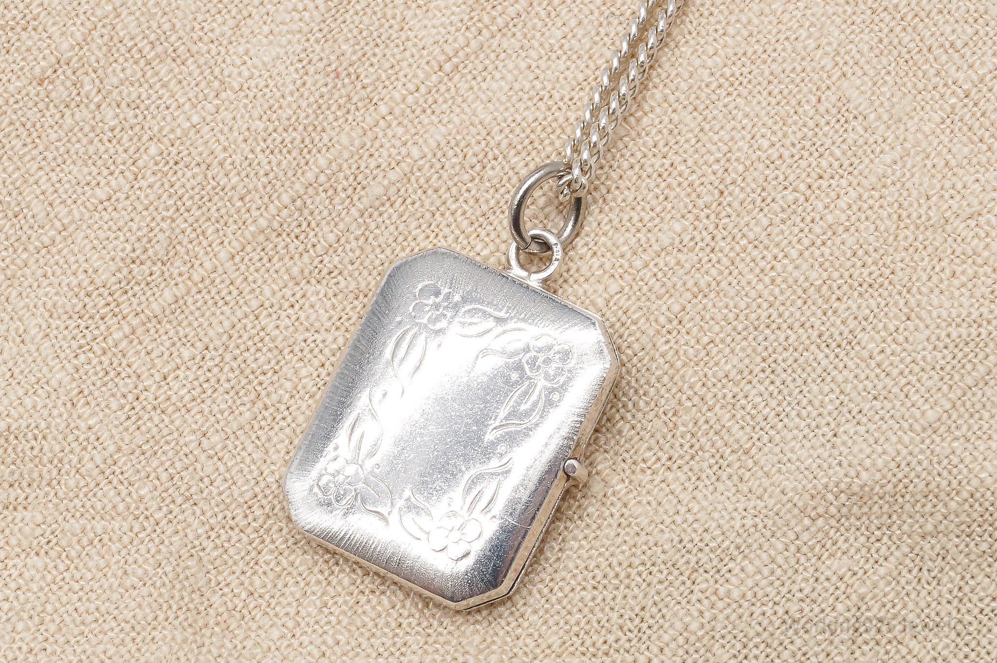 Antique Floral Etched Locket Sterling Silver Necklace 24"