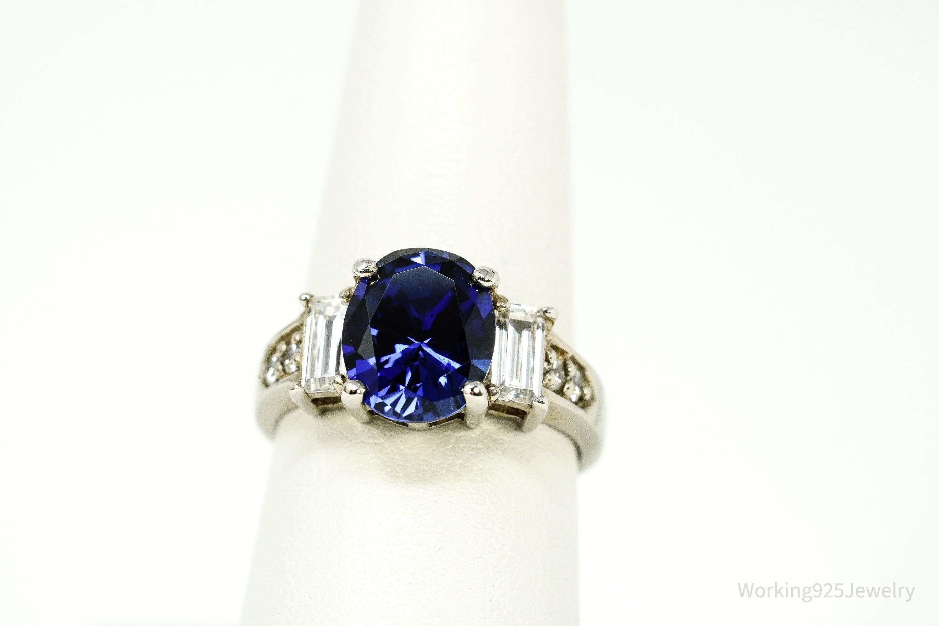 Vintage Lab Sapphire & Diamonique Cubic Zirconia Sterling Silver Ring - Size 8.25