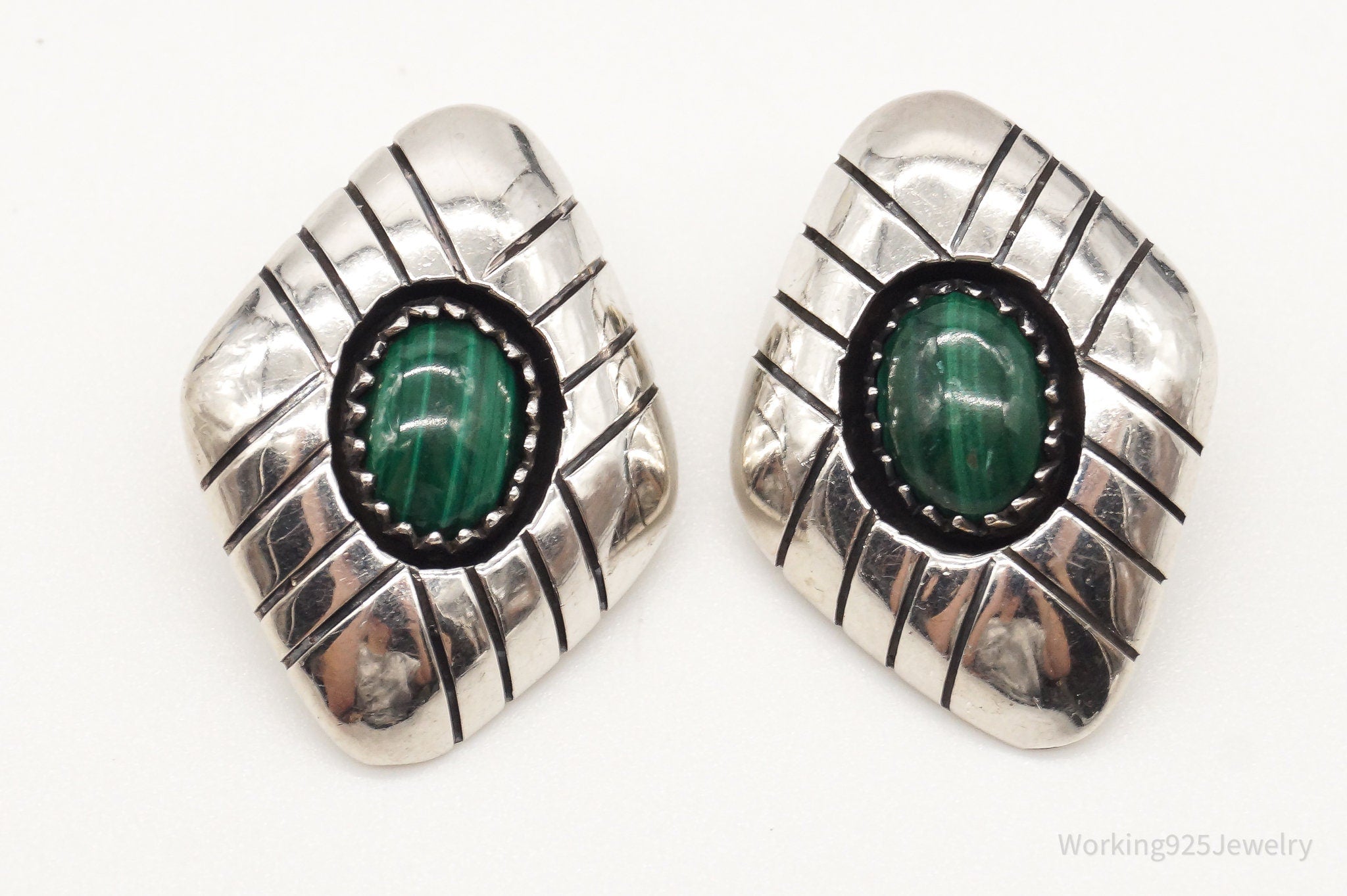 Vintage Native American Malachite Sterling Silver Clip On Earrings