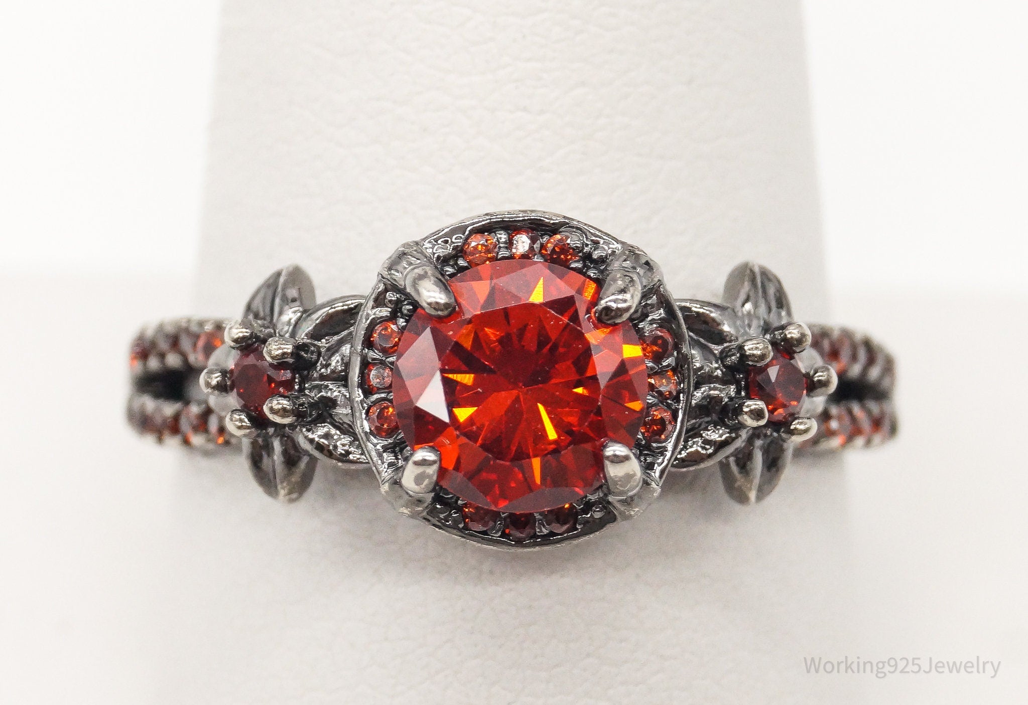 Vintage Orange Red Cubic Zirconia Silver Ring - Size 9.75