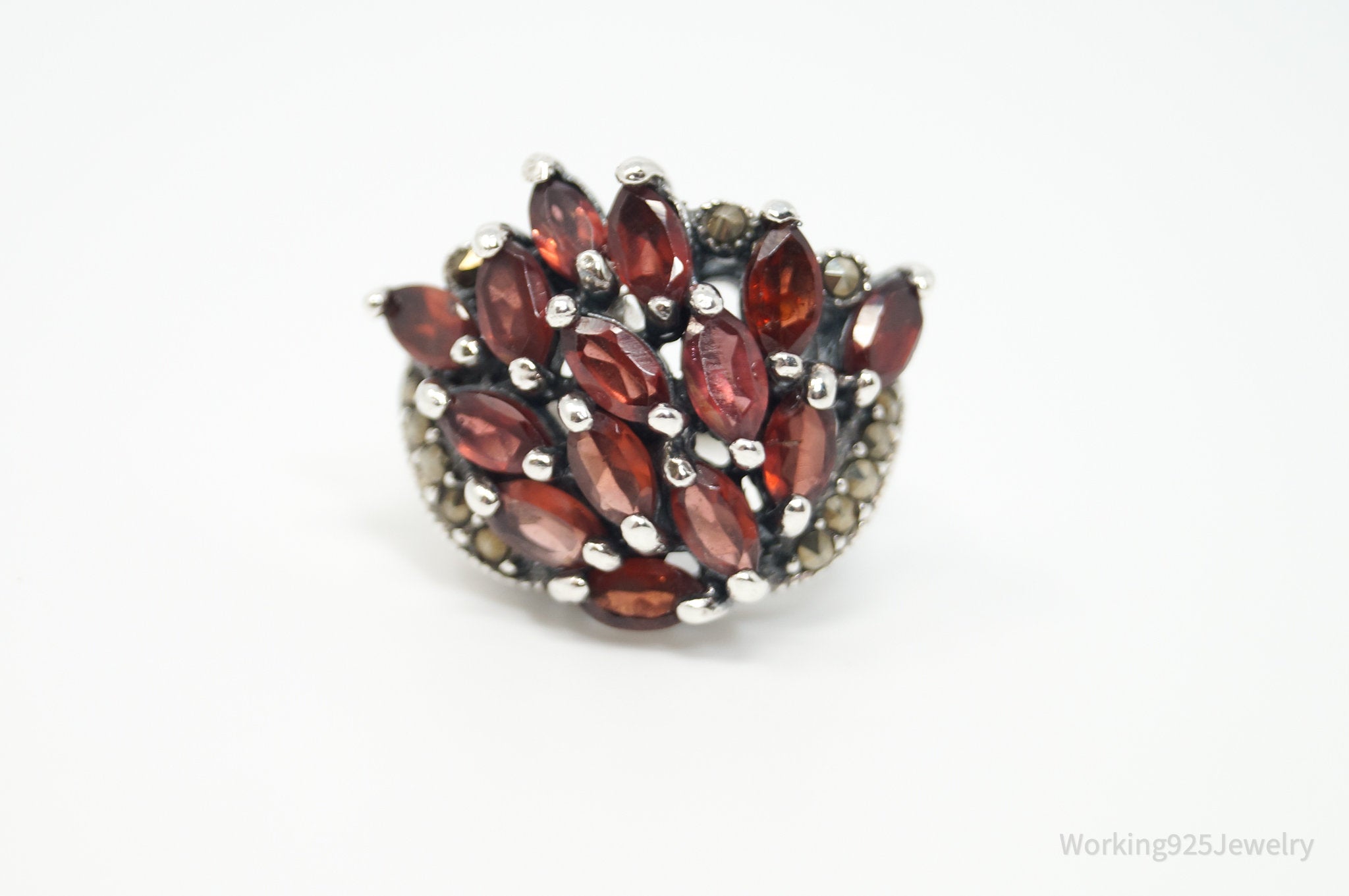 Vtg Art Deco Style Garnet Marcasite Statement Ring Sterling Silver - Sz 6