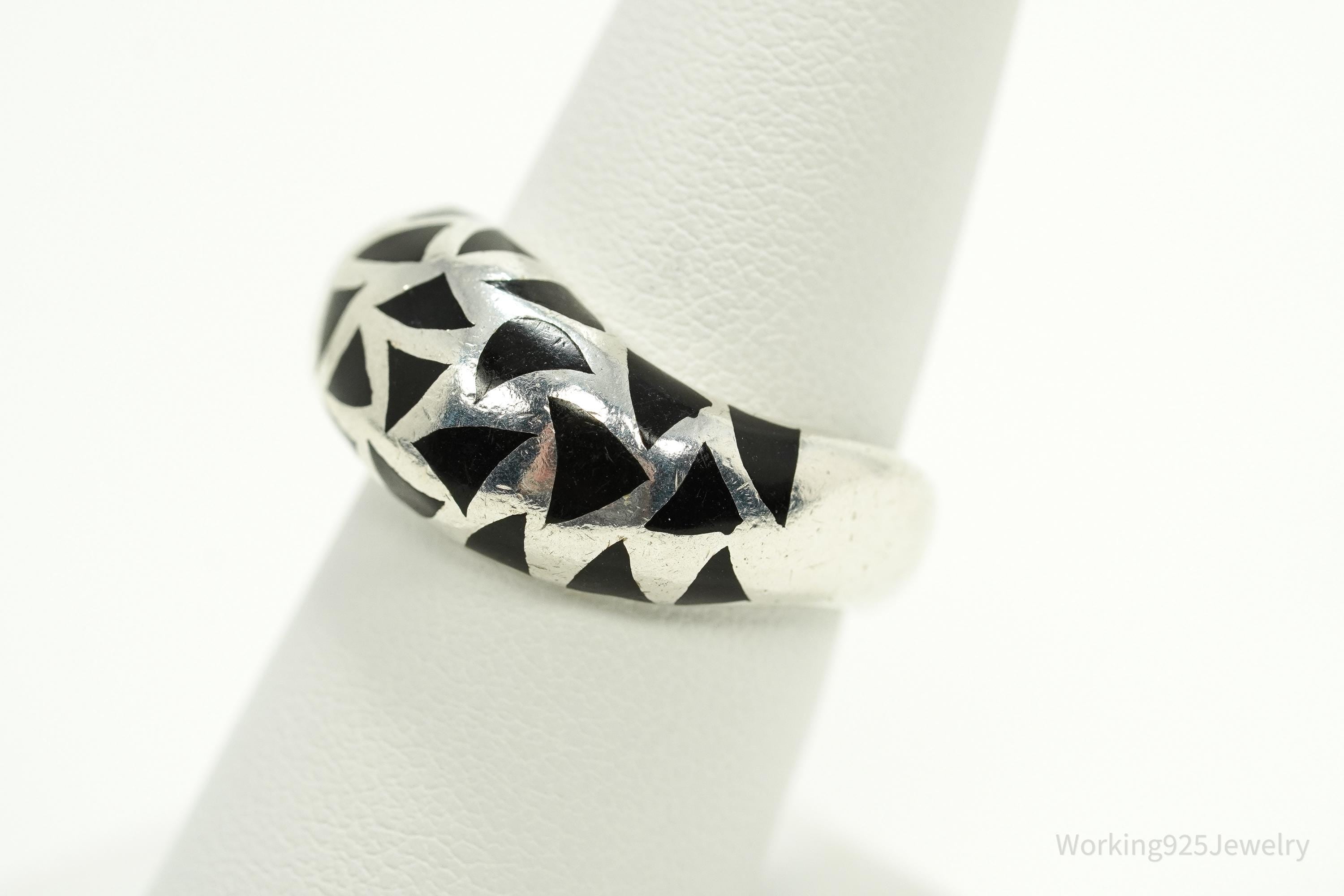 Vintage Black Enamel Shapes Design Sterling Silver Ring - Size 8