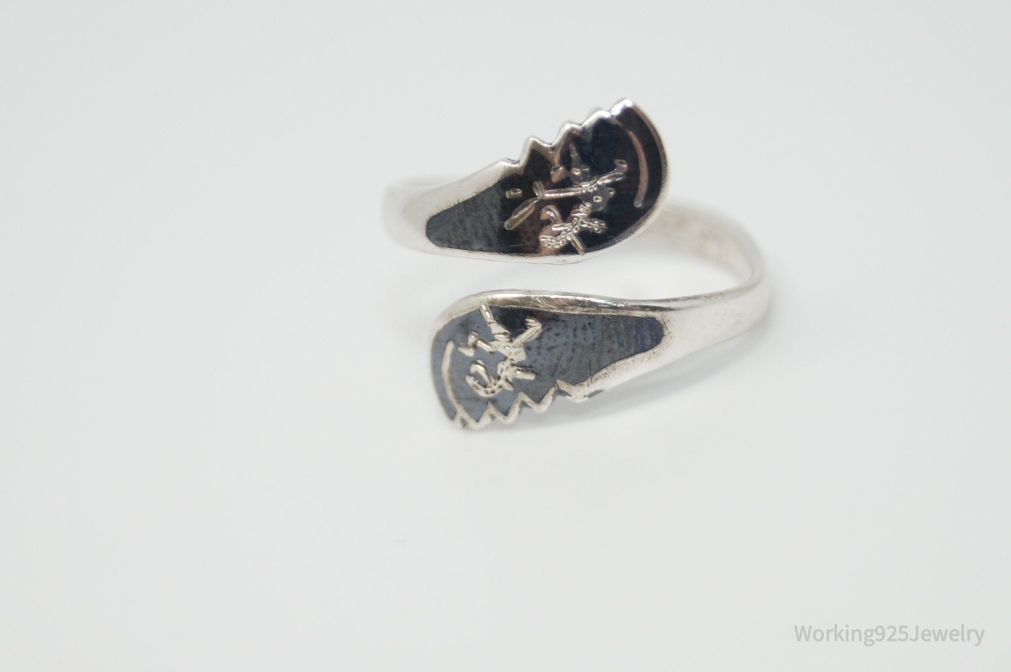 VTG Amfarco Siam Niello Dancer Black Enamel Sterling Silver Wrap Ring - Sz 6.5