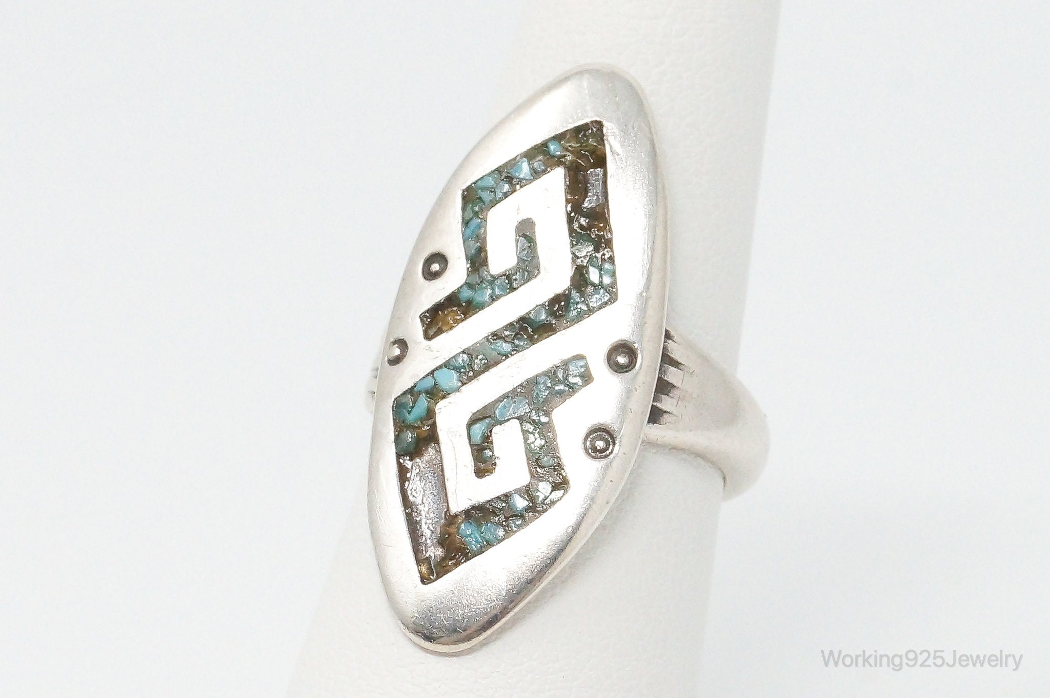 Vintage Native American Turquoise Inlay Unsigned Sterling Silver Ring - SZ 7