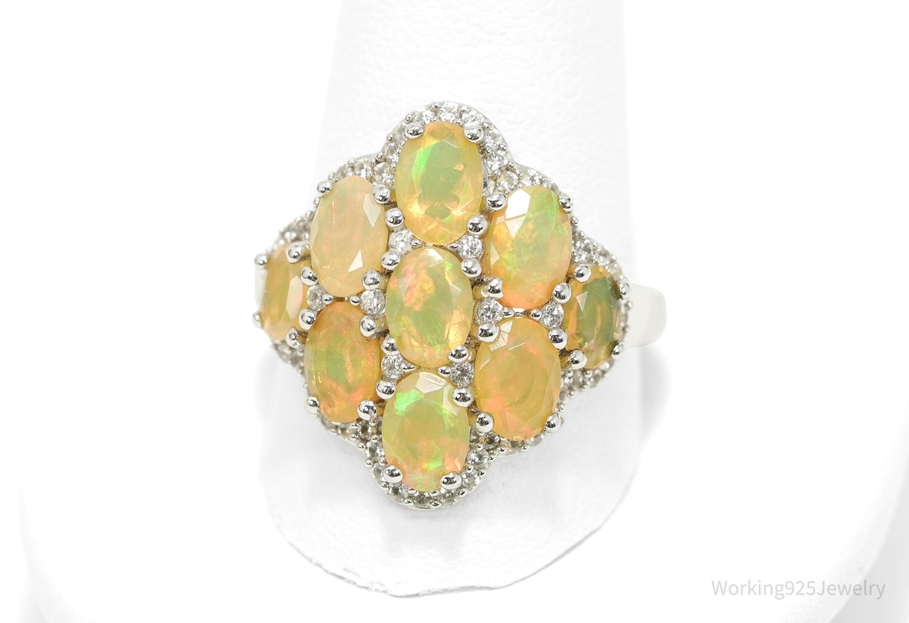 Opal & White Zircon Rhodium Sterling Silver Cocktail Ring Size 11.75
