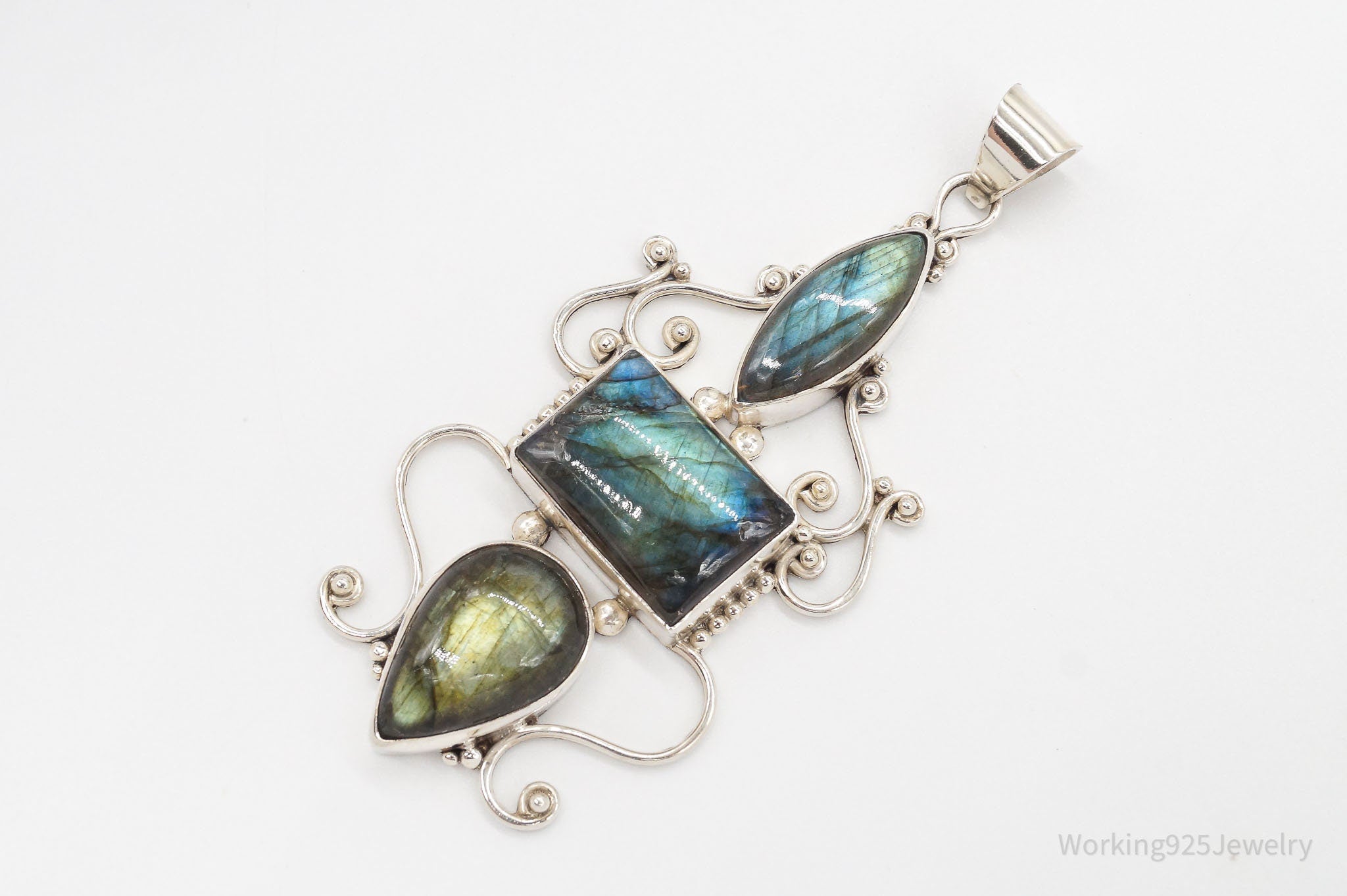 Vintage Large Labradorite Sterling Silver Necklace Pendant