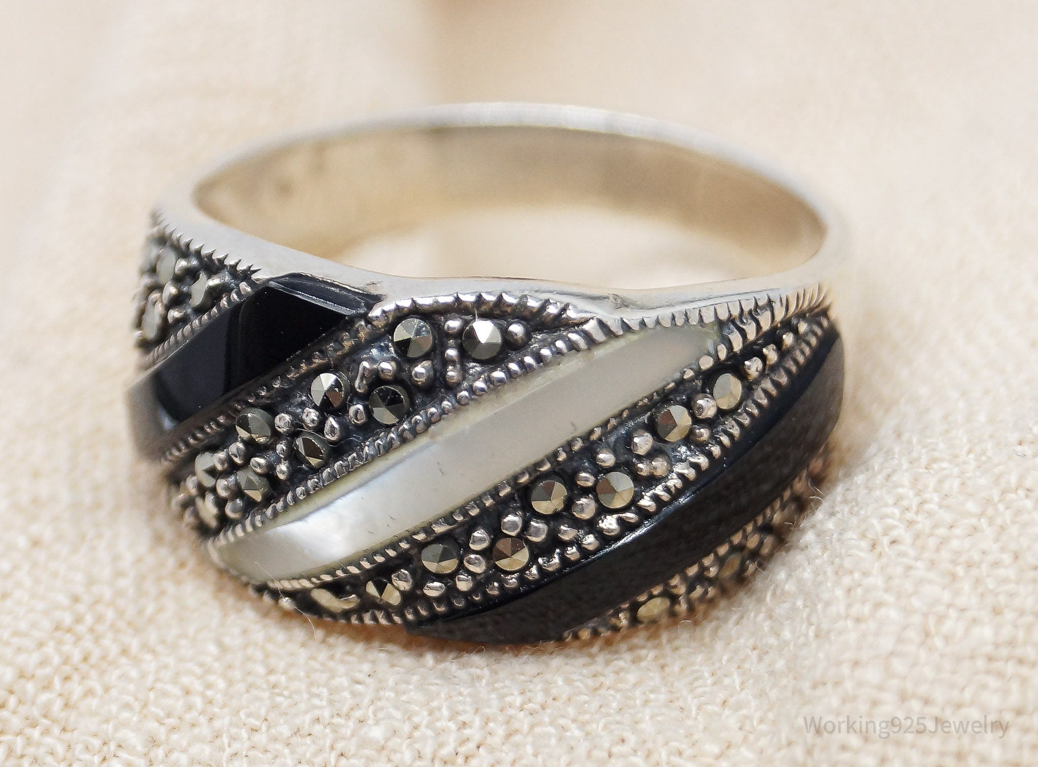 Vintage Black Onyx Marcasite Mother Of Pearl Sterling Silver Ring Size 9.75