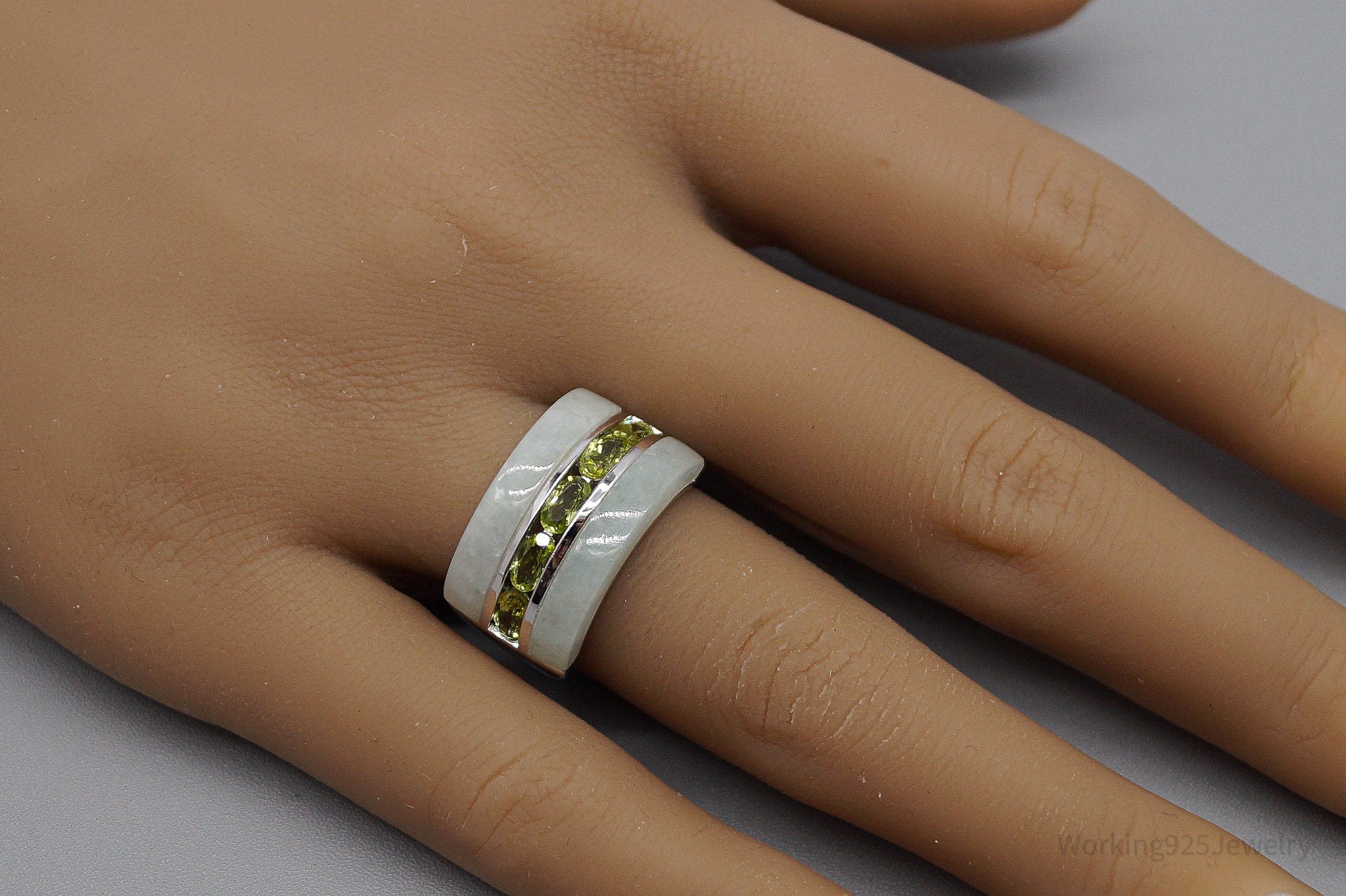 Green Jade & Peridot Sterling Silver Ring - Size 6.75