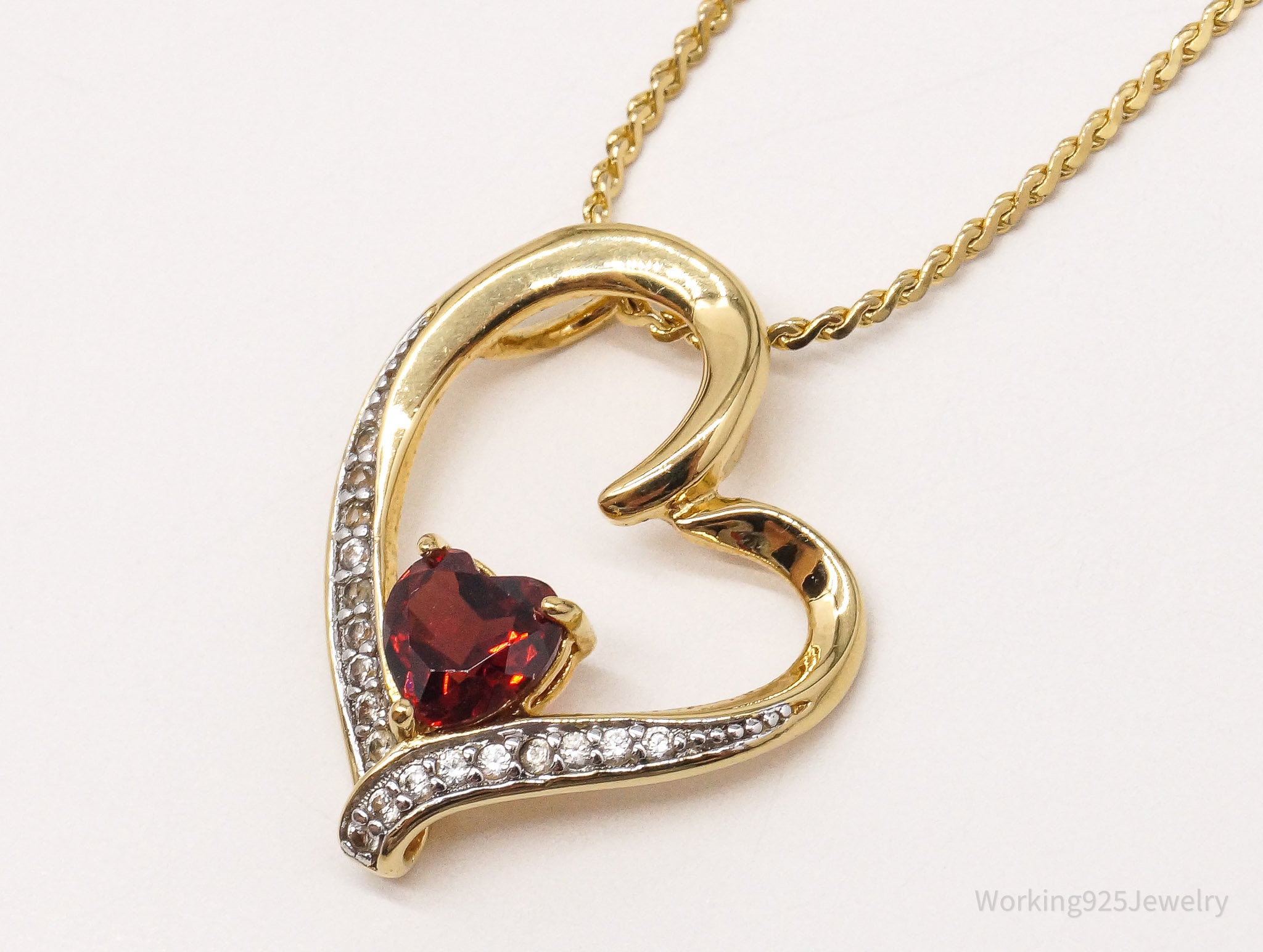 Vintage Garnet White Sapphire 18K Gold Plated Sterling Silver Heart Necklace 16"