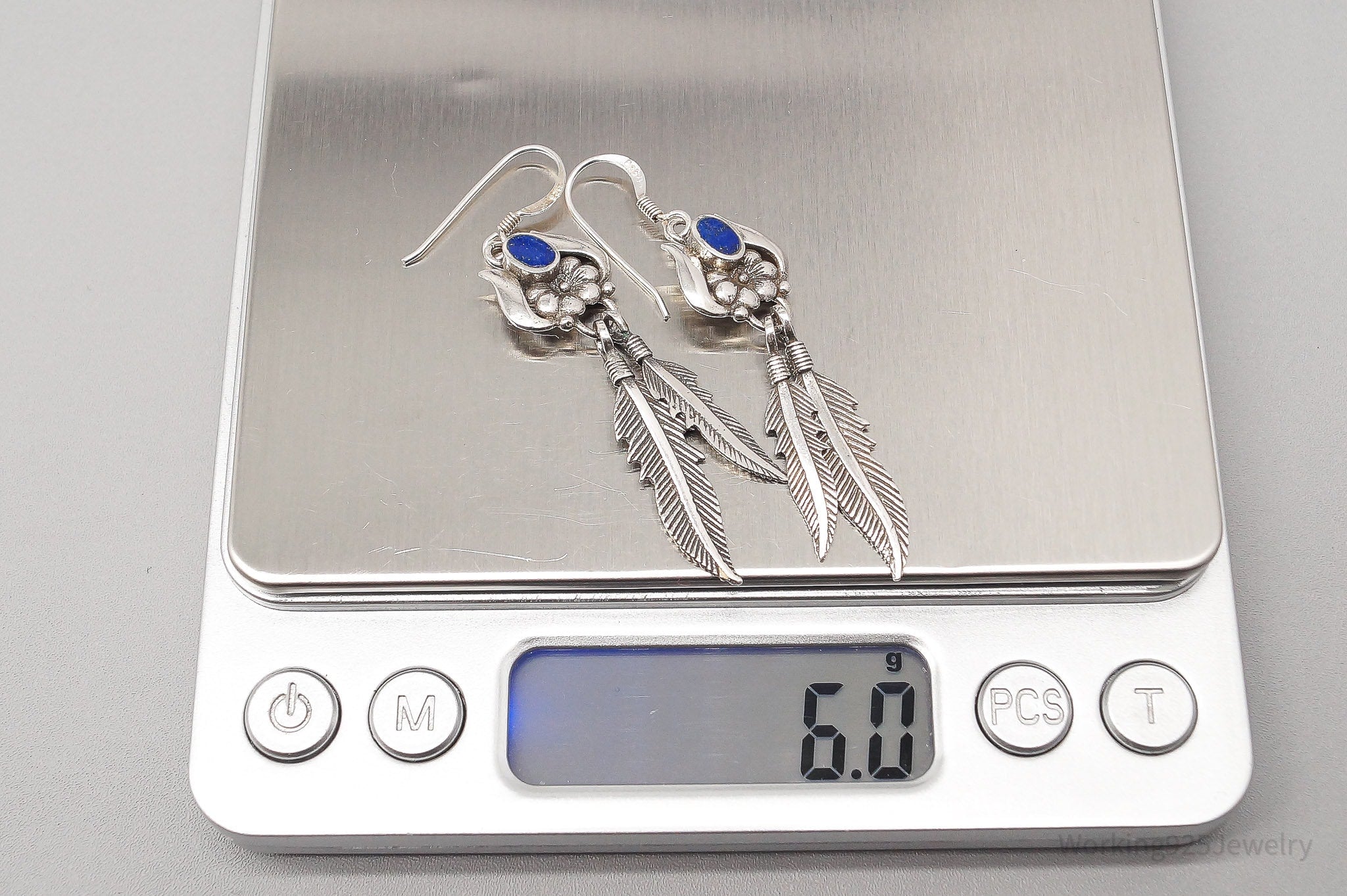 Vintage Lapis Lazuli Flower Feather Sterling Silver Earrings