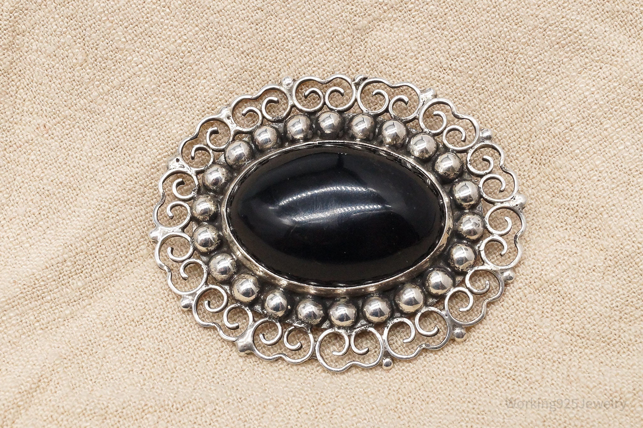 Vintage Large Mexico Modernist Black Onyx Sterling Silver Brooch Pin