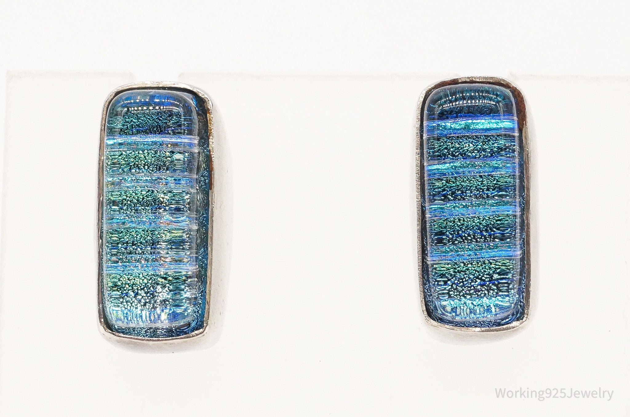 Vintage Modernist Blue Dichroic Glass Sterling Silver Earrings