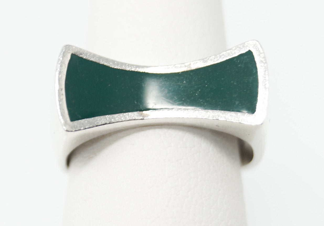 Vintage Norwegian Style Green Enamel Sterling Silver Ring - Size 5.25