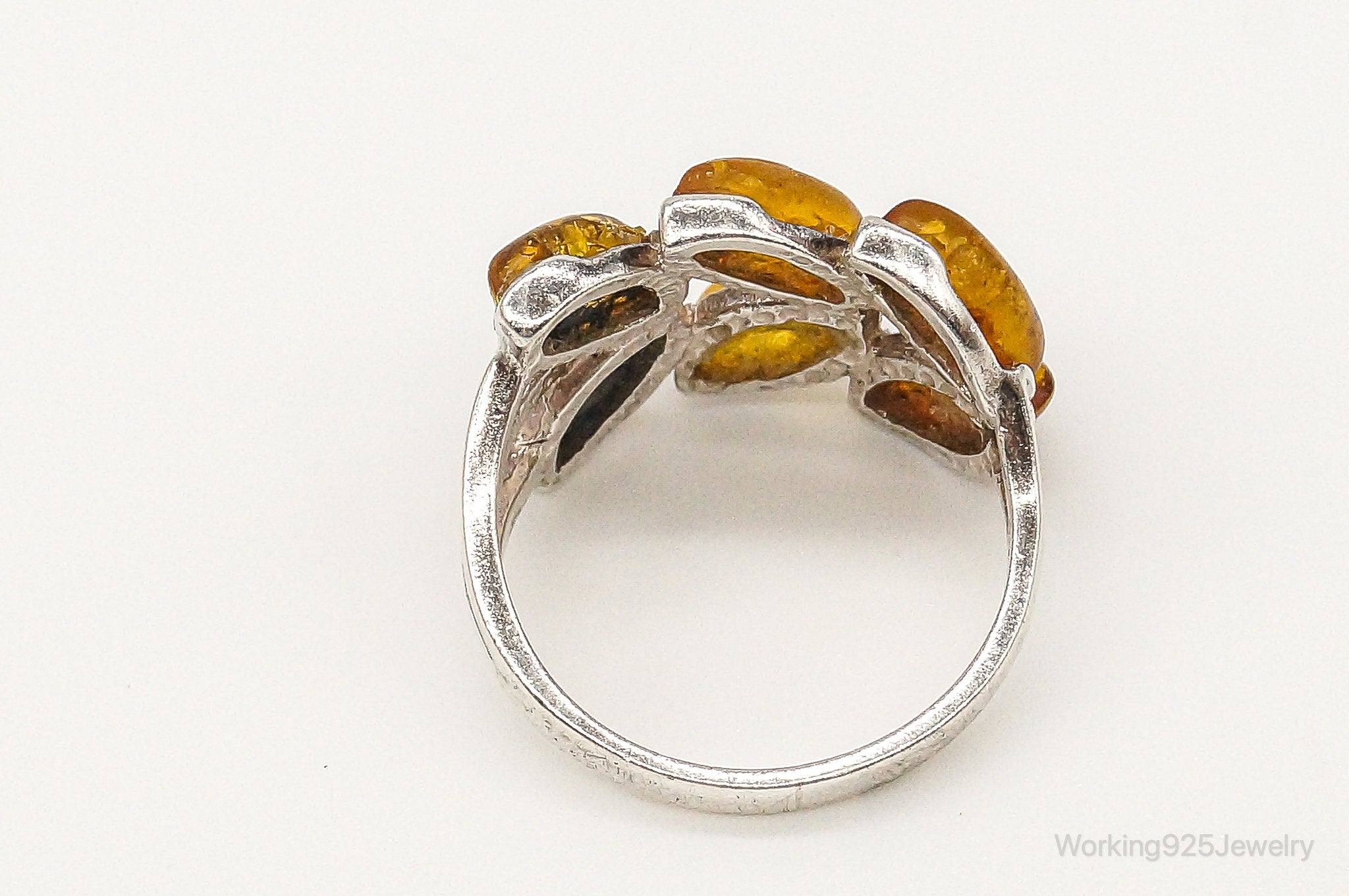 Vintage Modernist Amber Sterling Silver Ring - Size 6