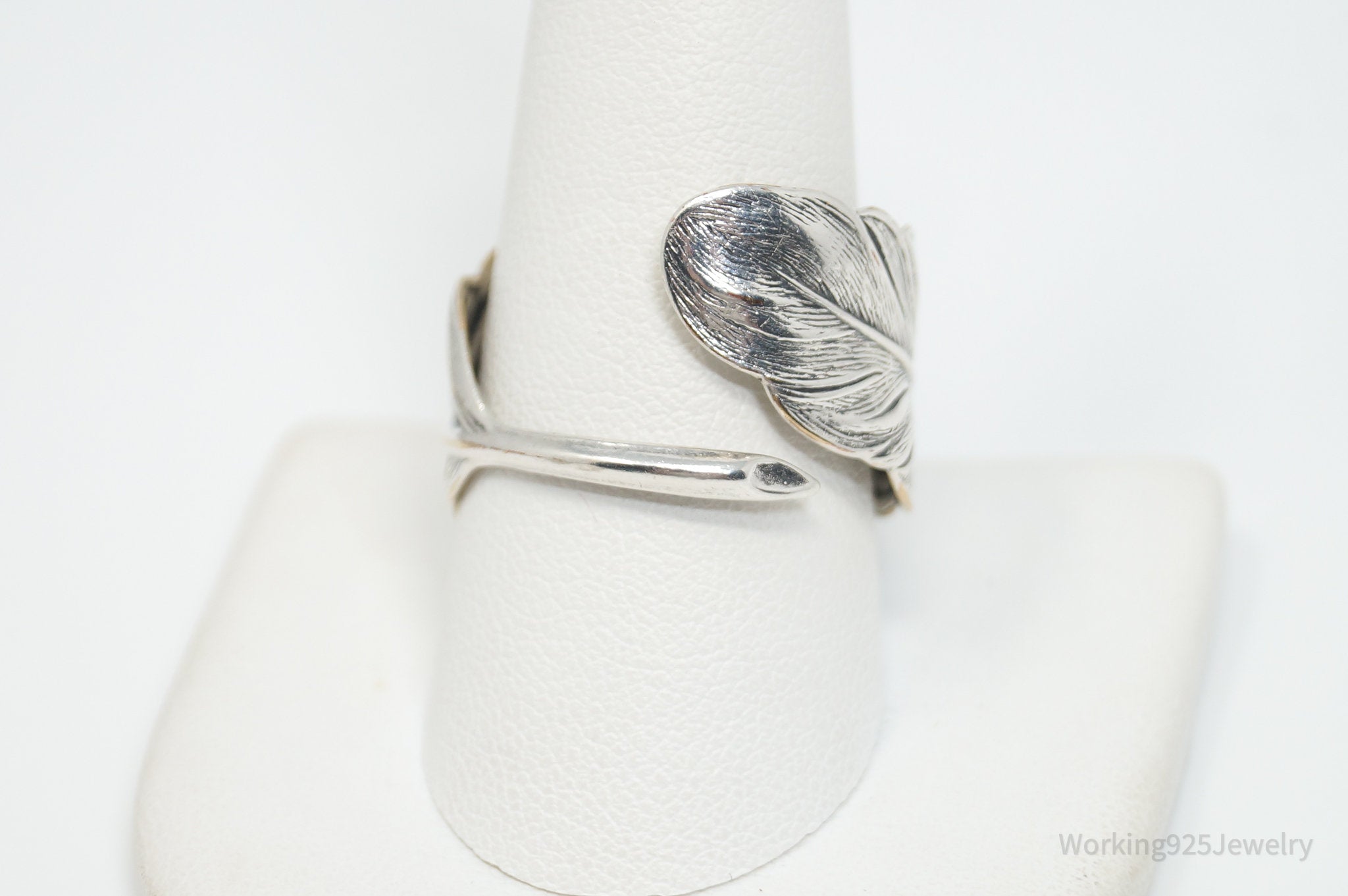 Vintage Large Feather Wrap Silver Plated Ring - Sz 11.25