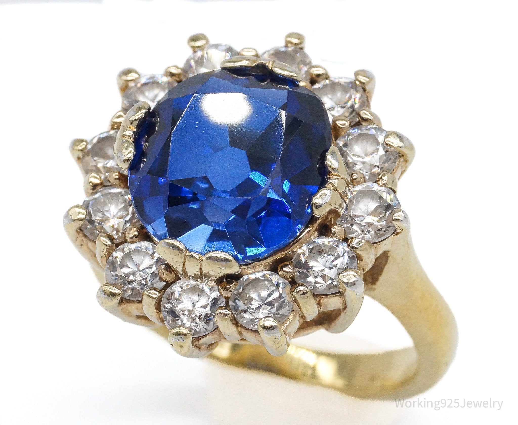 Vintage Lab Sapphire Cubic Zirconia Gold Over Sterling Silver Ring Size 7.5