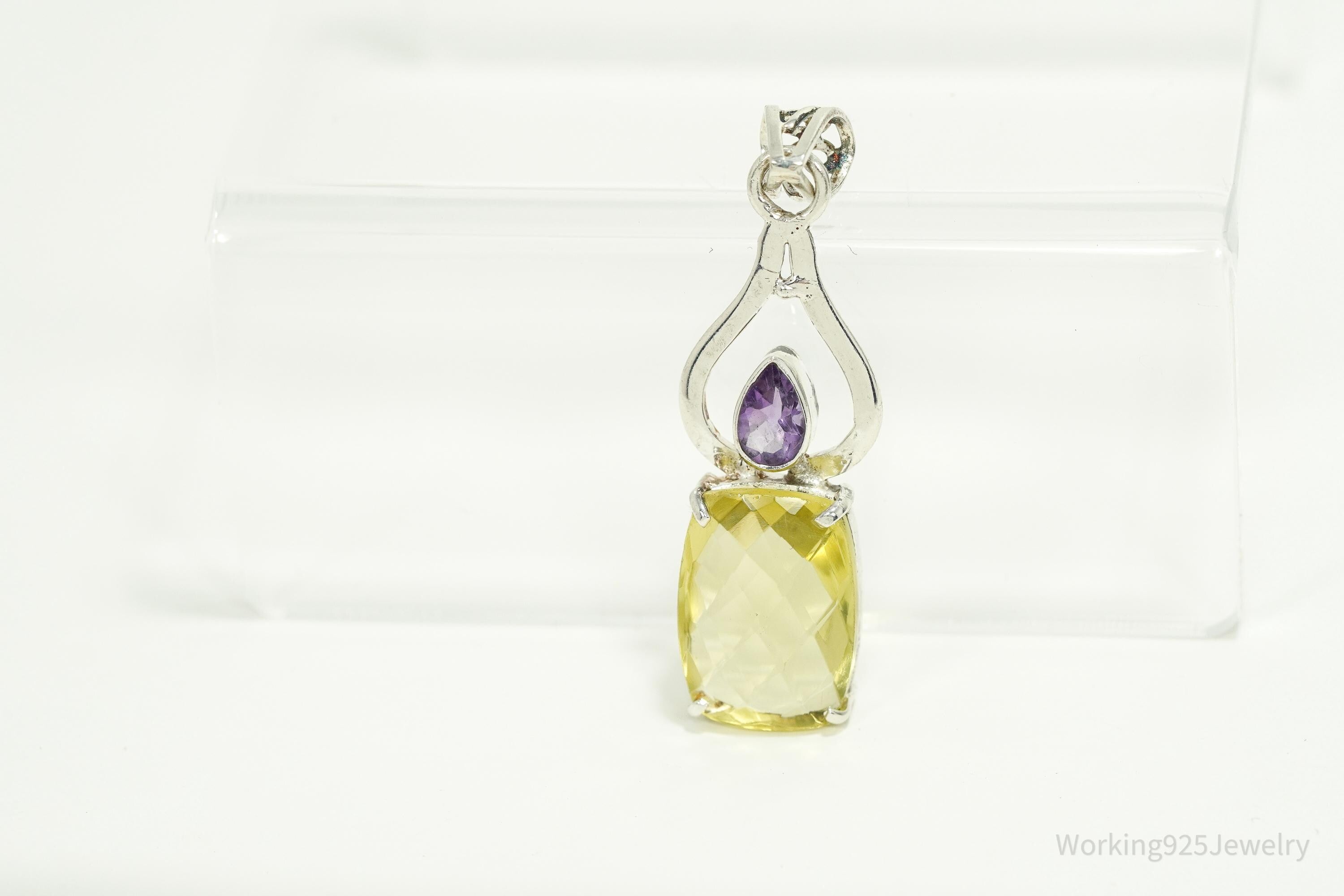 Vintage Lemon Quartz & Amethyst Sterling Silver Pendant