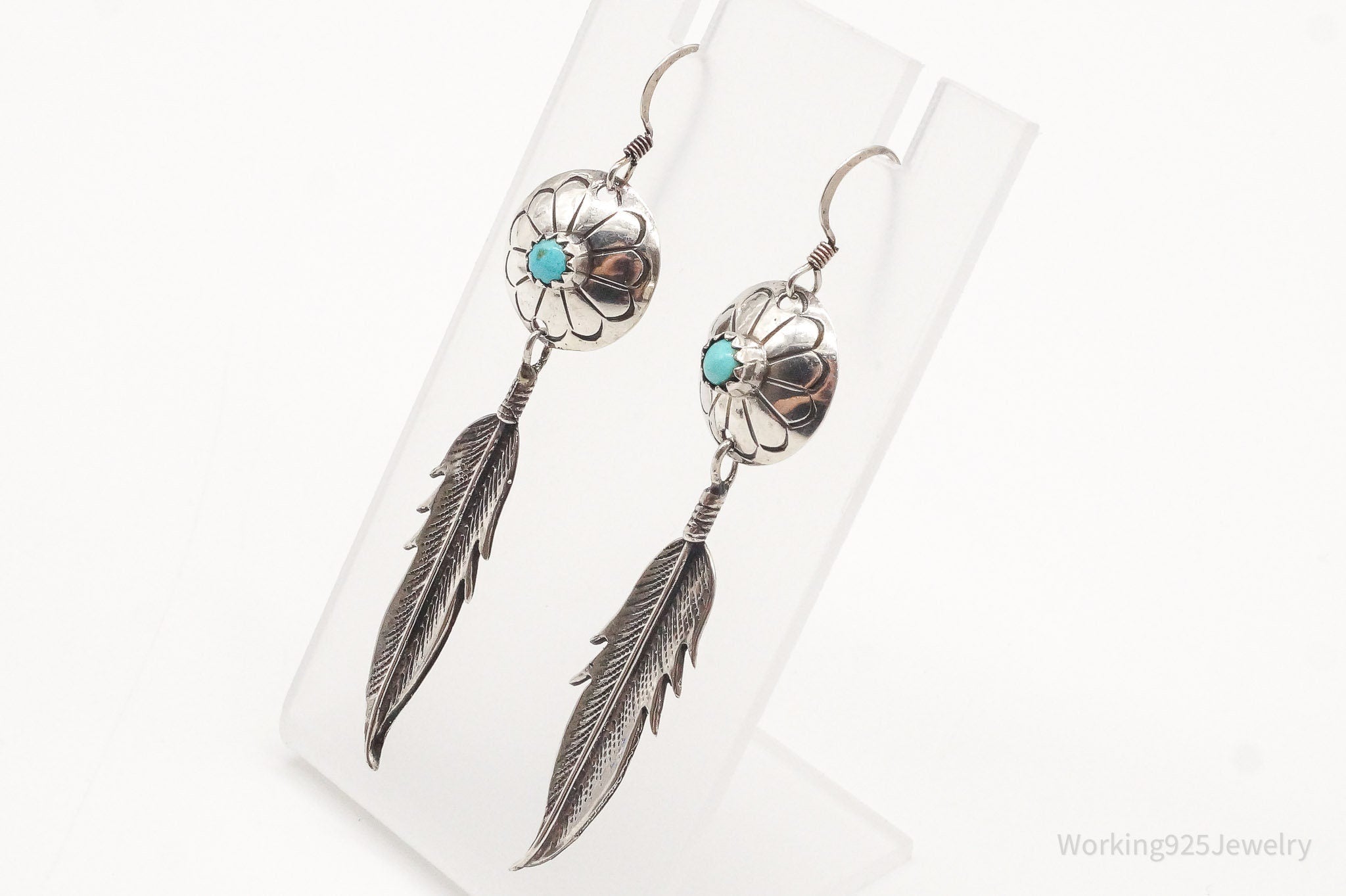 Vintage Native American Turquoise Feather Silver Earrings