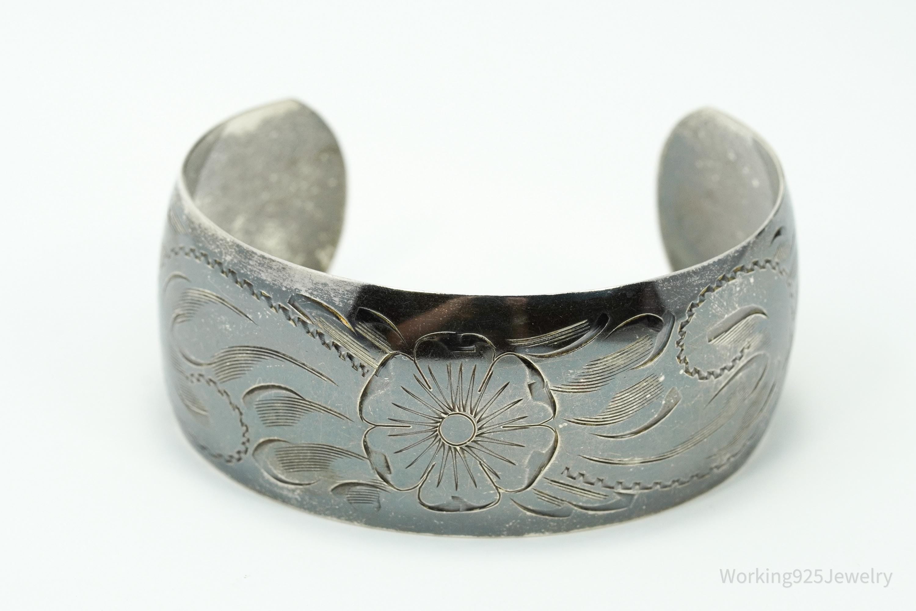 Antique Art Nouveau Floral Etched Sterling Silver Cuff Bracelet - 7 5/8"