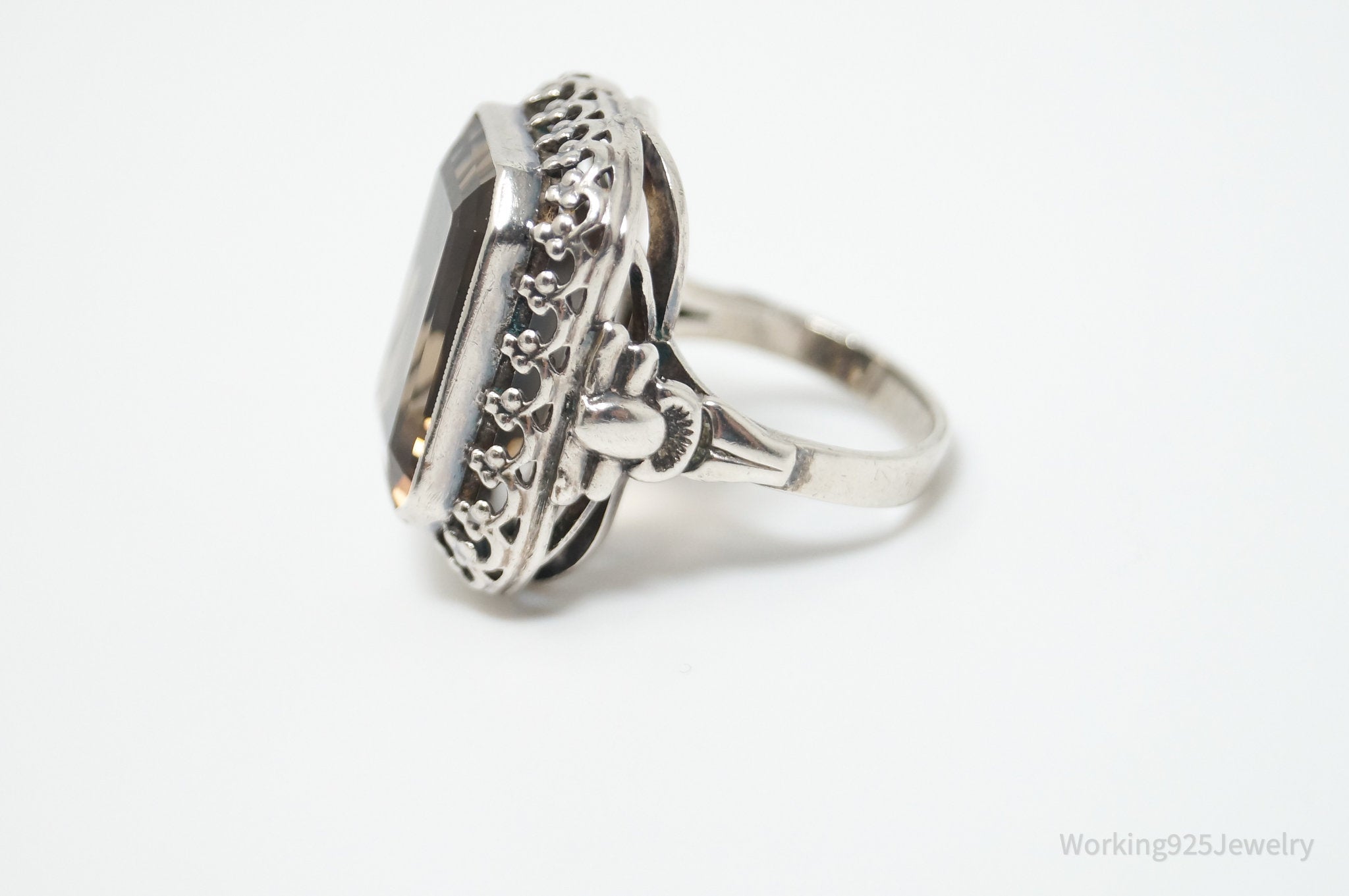Vintage Large Smoky Topaz 835 Silver Ornate Statement Ring - Sz 6