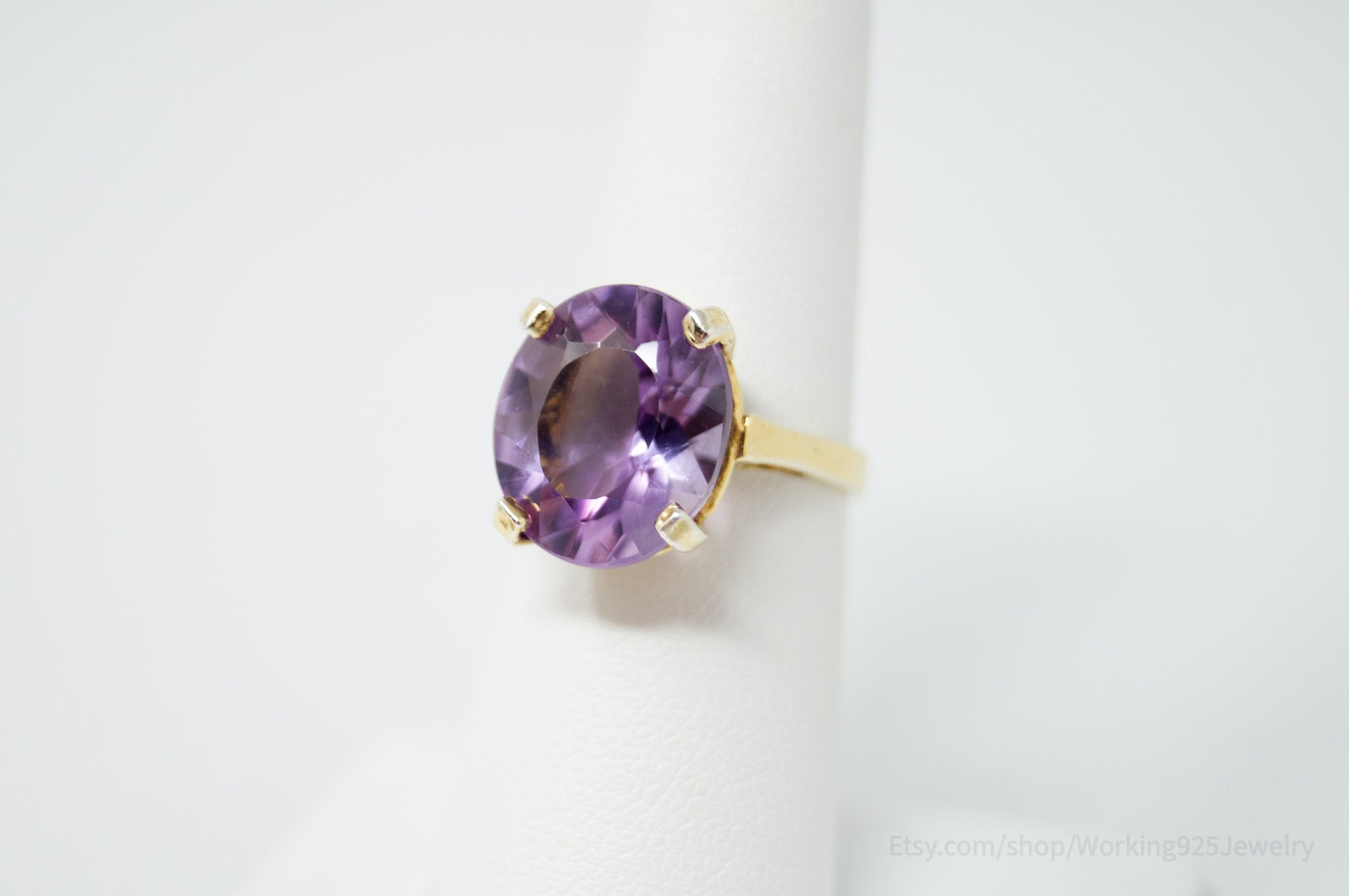 Vtg Art Deco Mid Century Style Amethyst Gold Wash Ring Sterling Silver - Size 6