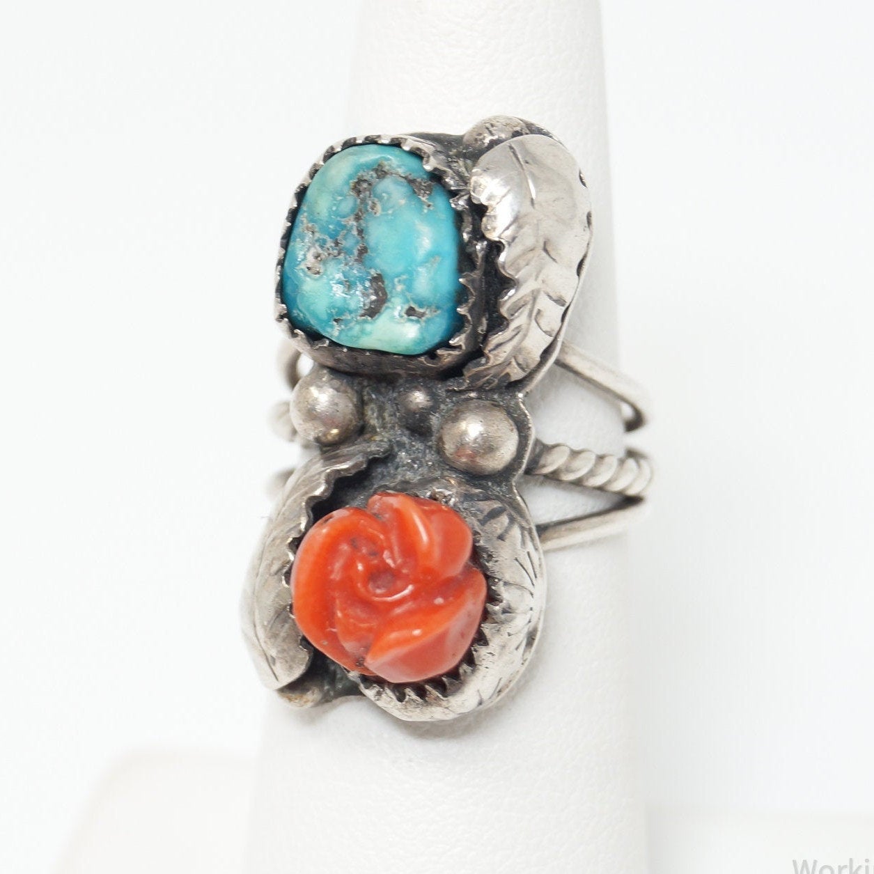 Vtg Handmade Native Turquoise AT Coral Turquoise Sterling Silver Ring Size 5.5