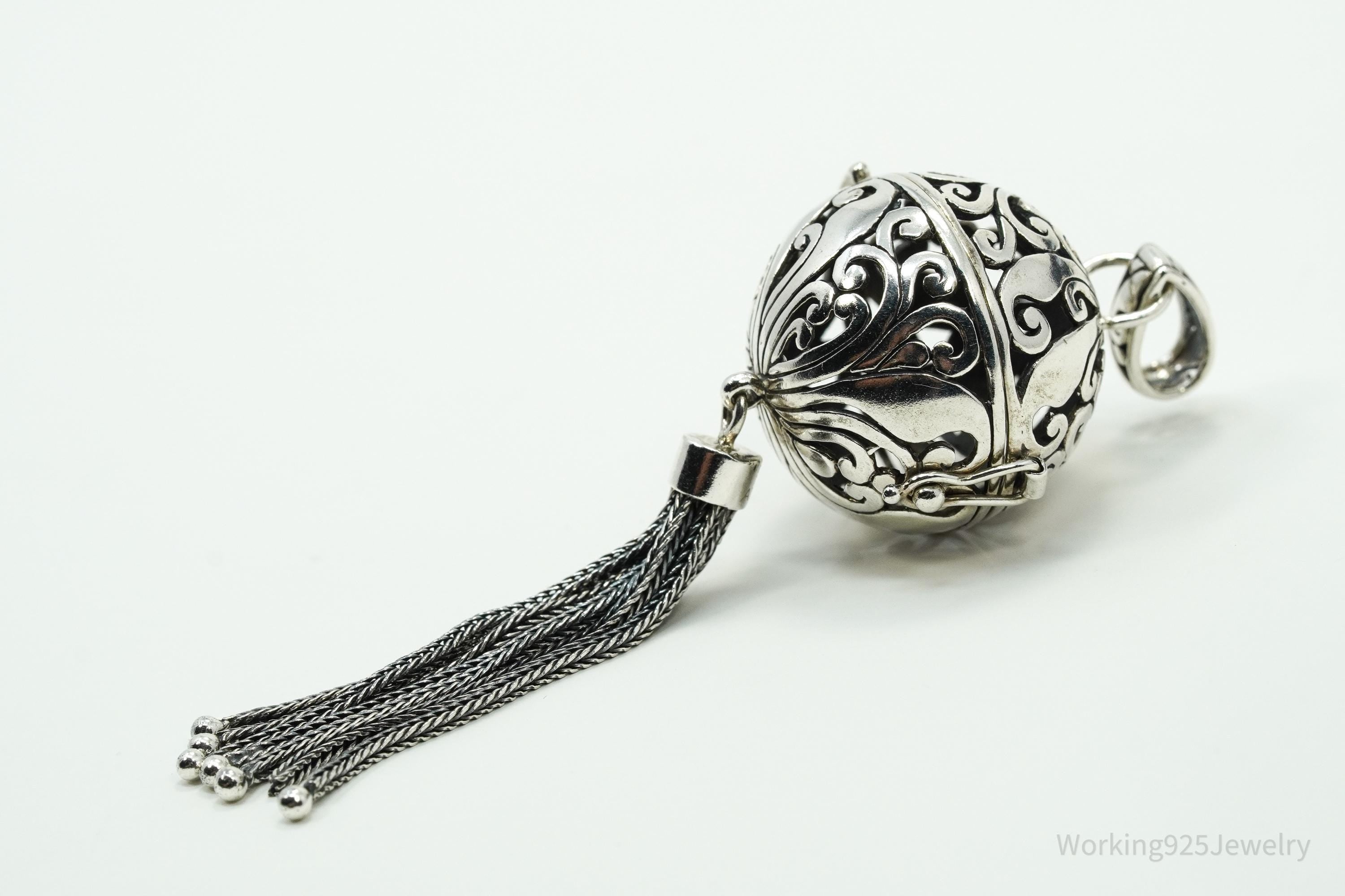Large Vintage ATI Ornate Ball Dome Cage Sterling Silver Necklace Pendant