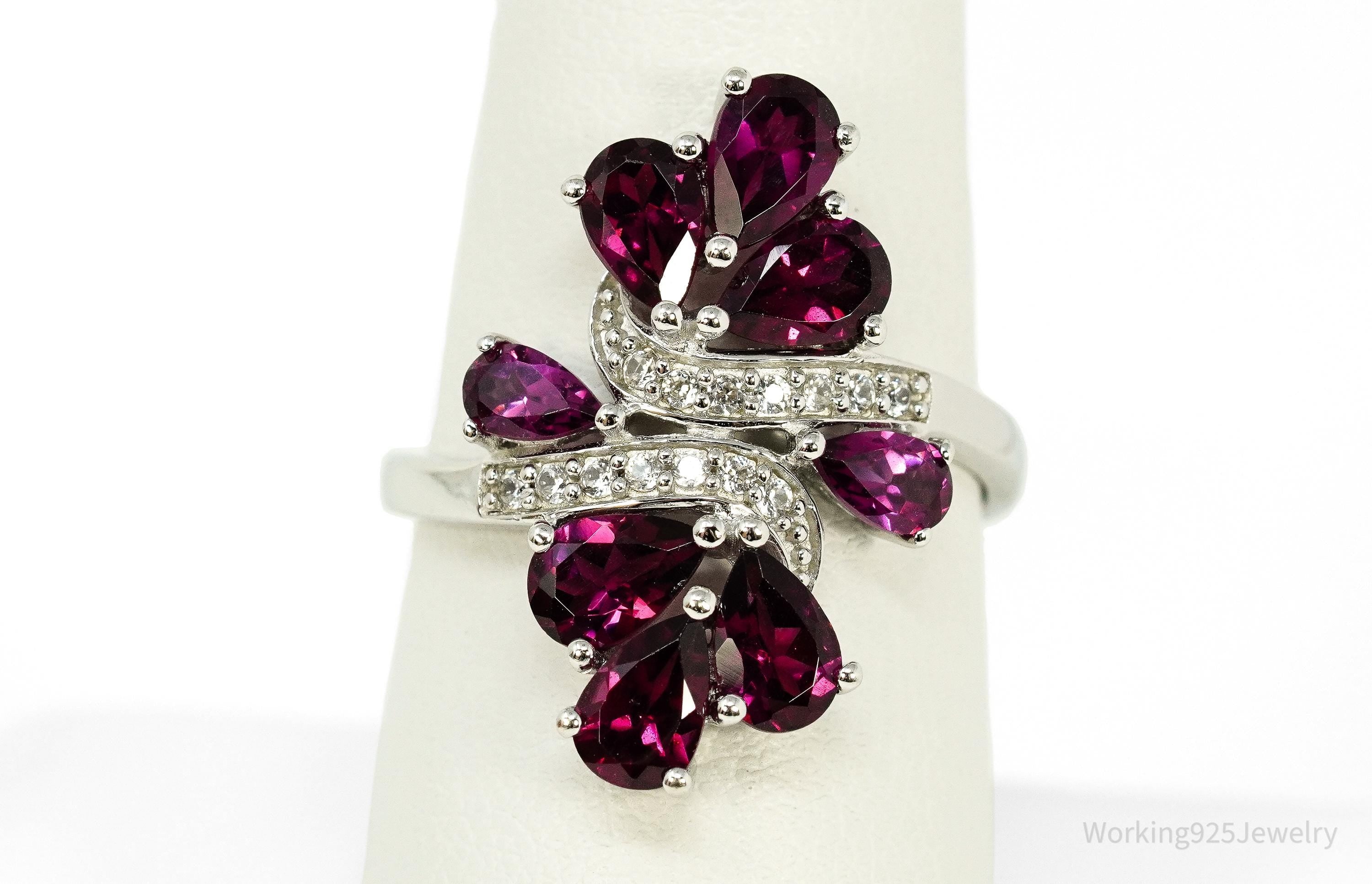 Rhodolite Garnet & White Zircon Sterling Silver Ring - Size 8.25