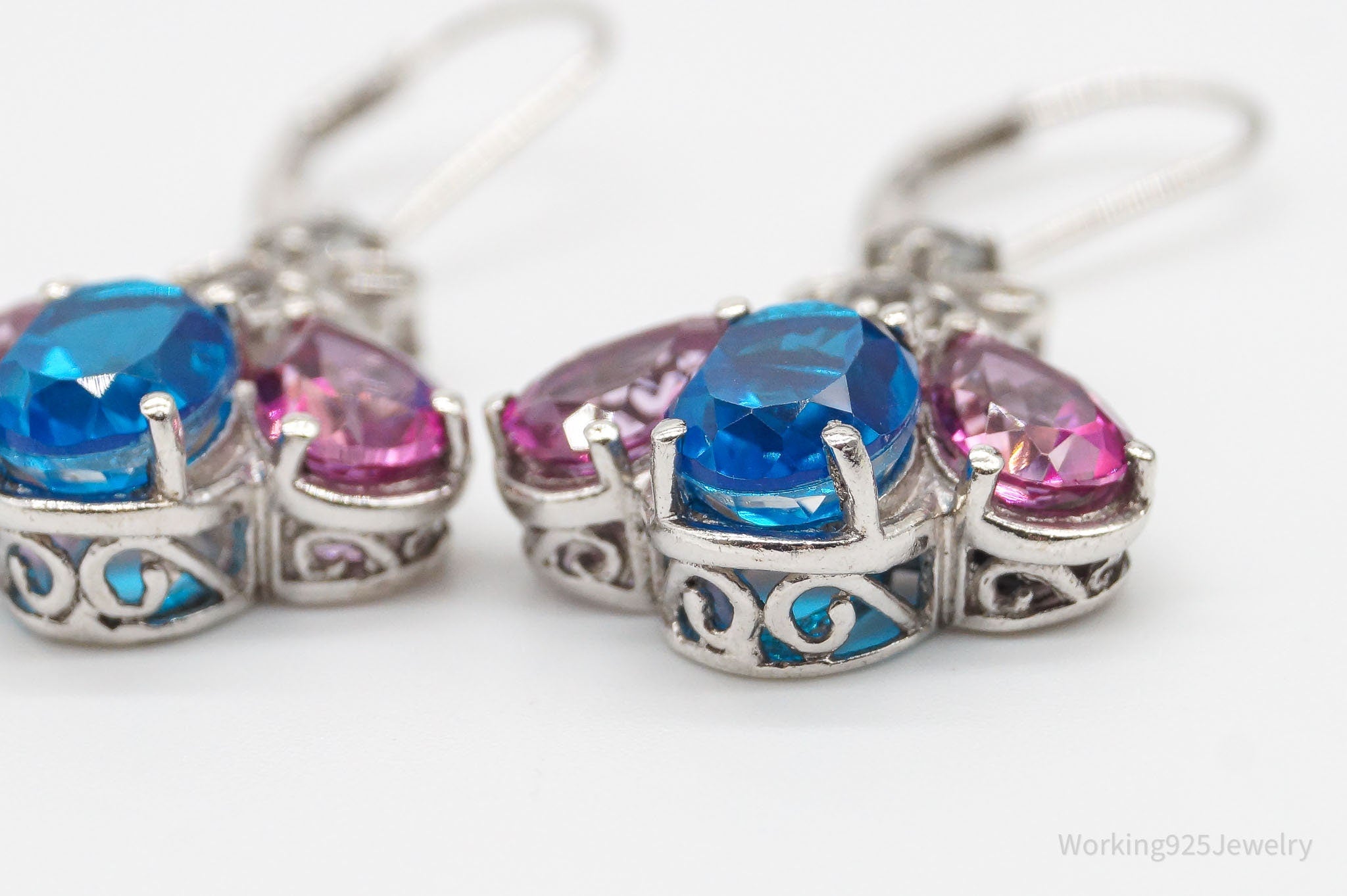 Vintage Blue Pink & White Topaz Sterling Silver Earrings