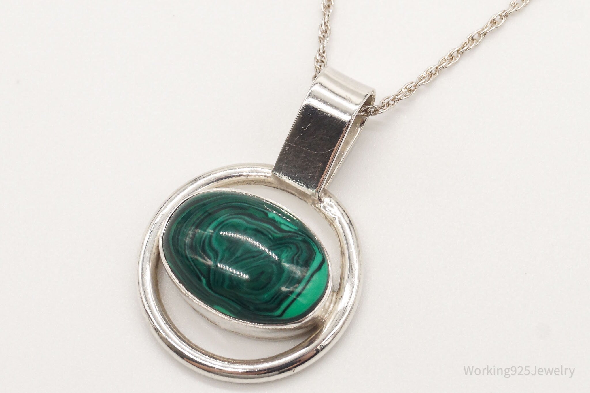 Vintage Mexico Large Malachite Modernist Sterling Silver Necklace